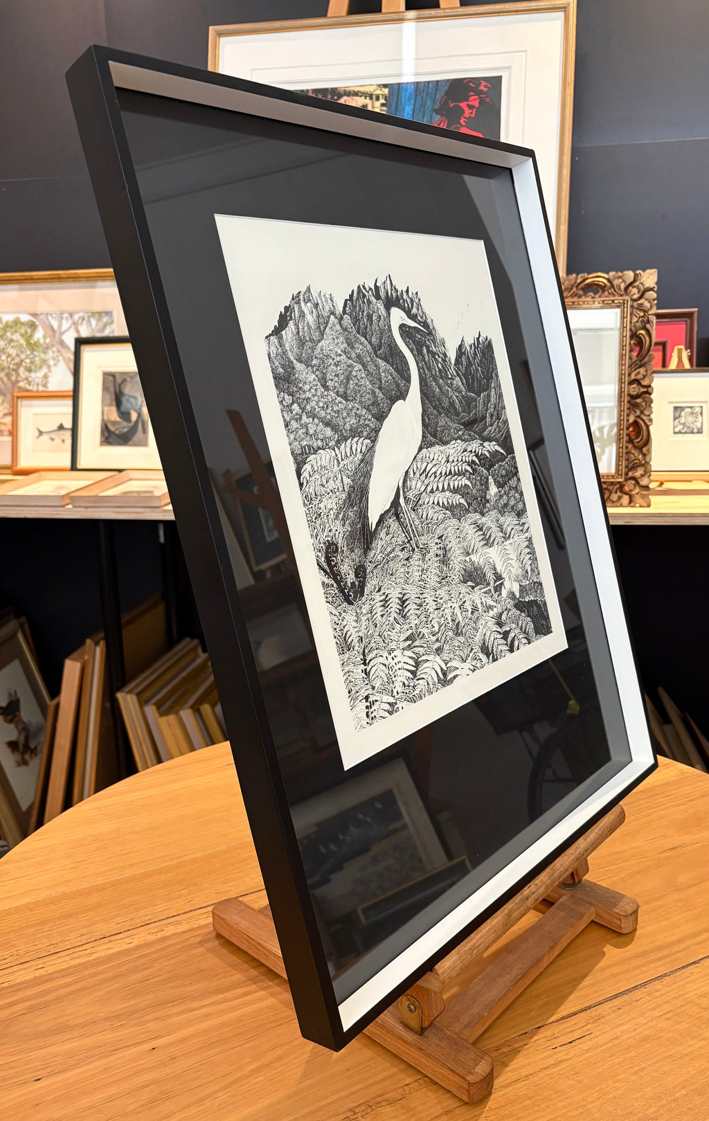 1970s Rei Hamon lithographic print, bird, New Zealand, framed vintage art