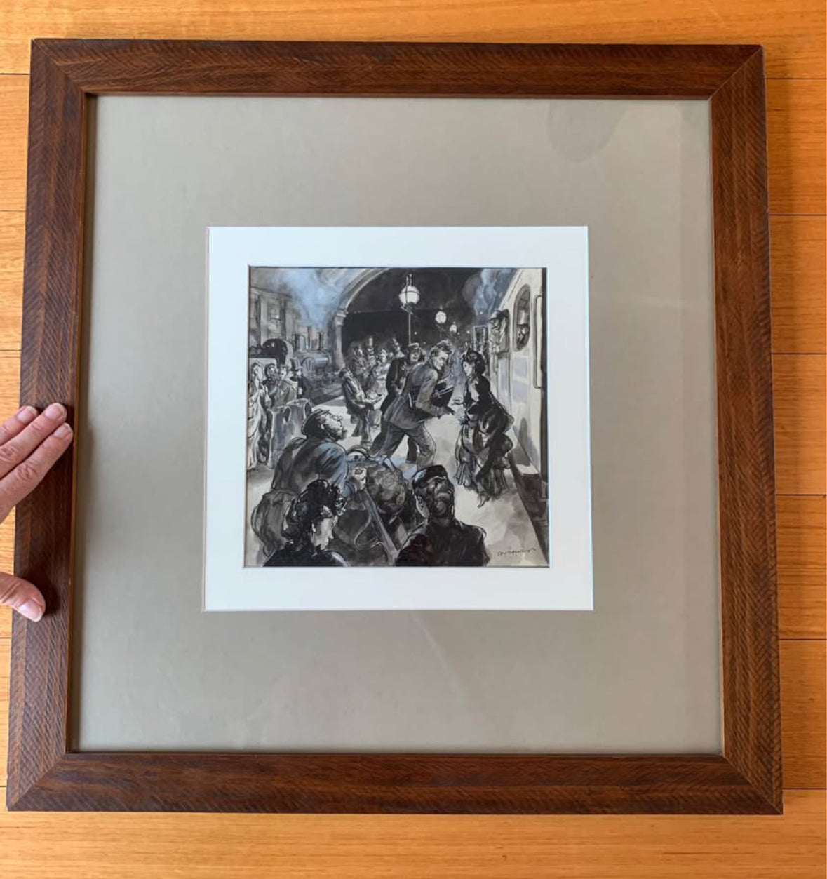 Original Steven Spurrier black and white illustration, circa 1940's artwork, London train station, vintage framed art