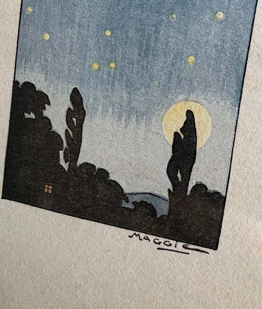 Rare original Art Deco woodblock print, 1911 antique, Maggie Salcedo, French framed art