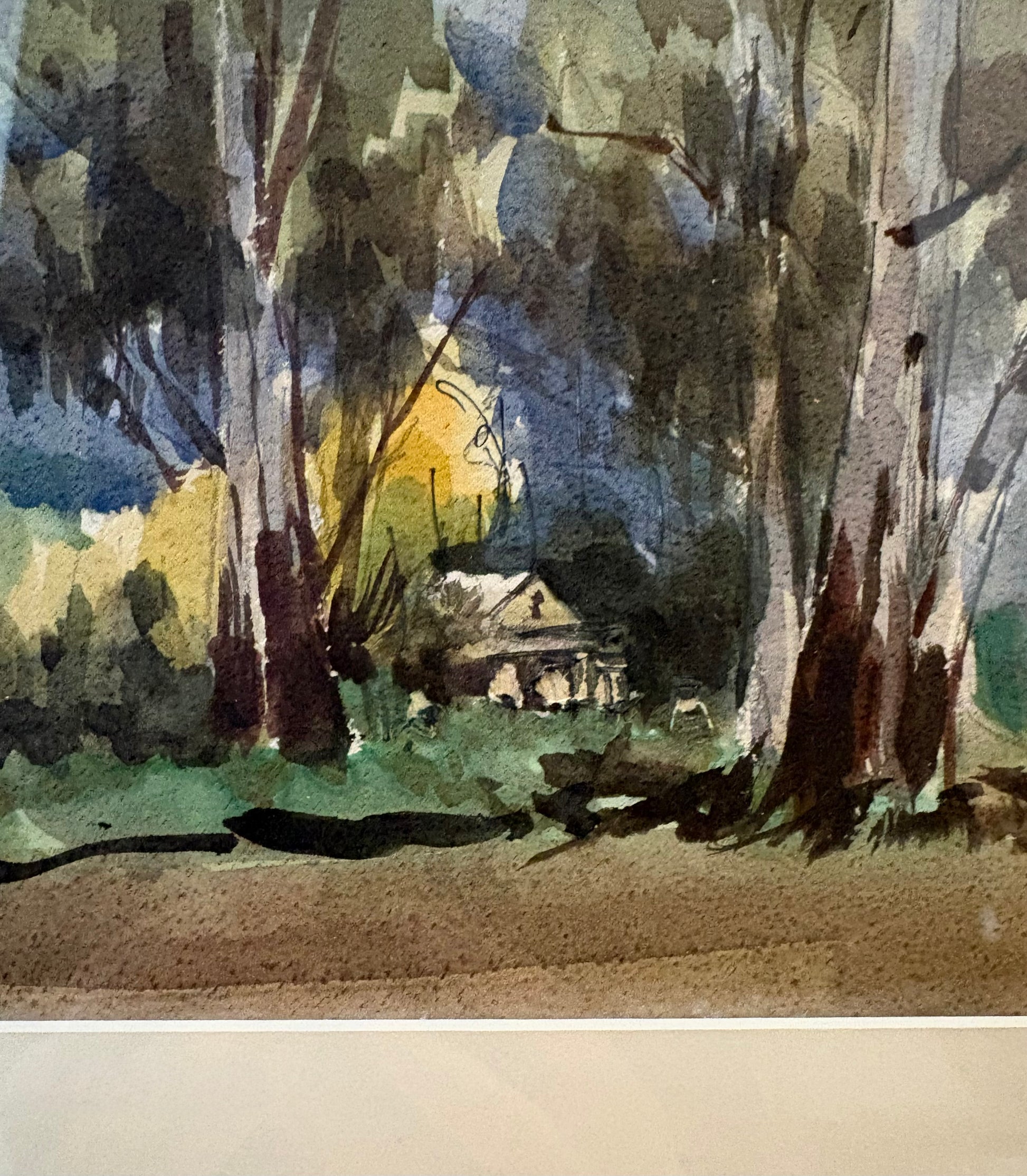 Mid Century original watercolour painting, Dermont Hellier, Australian bush, framed art