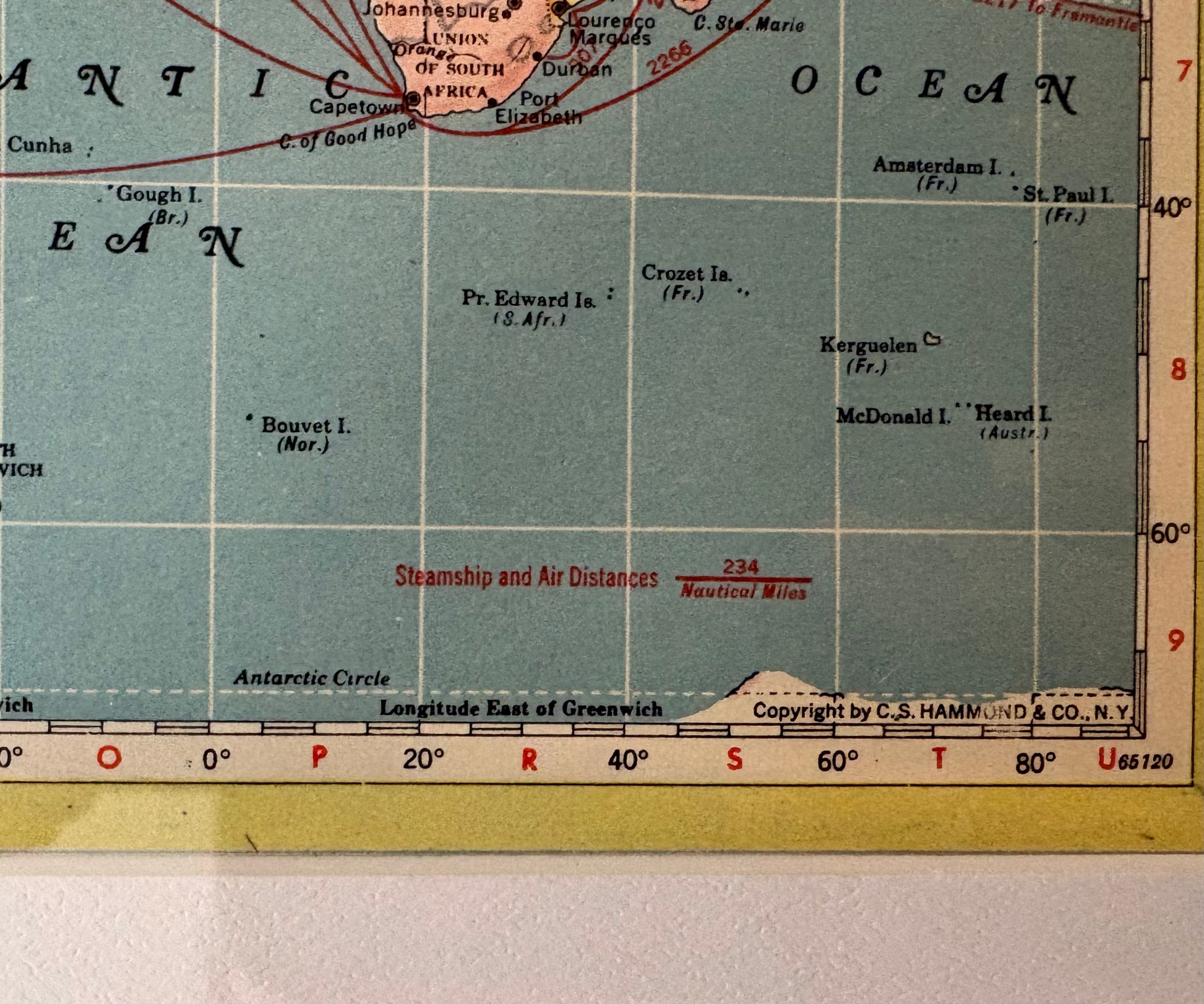 1950s vintage mid century framed map of The World