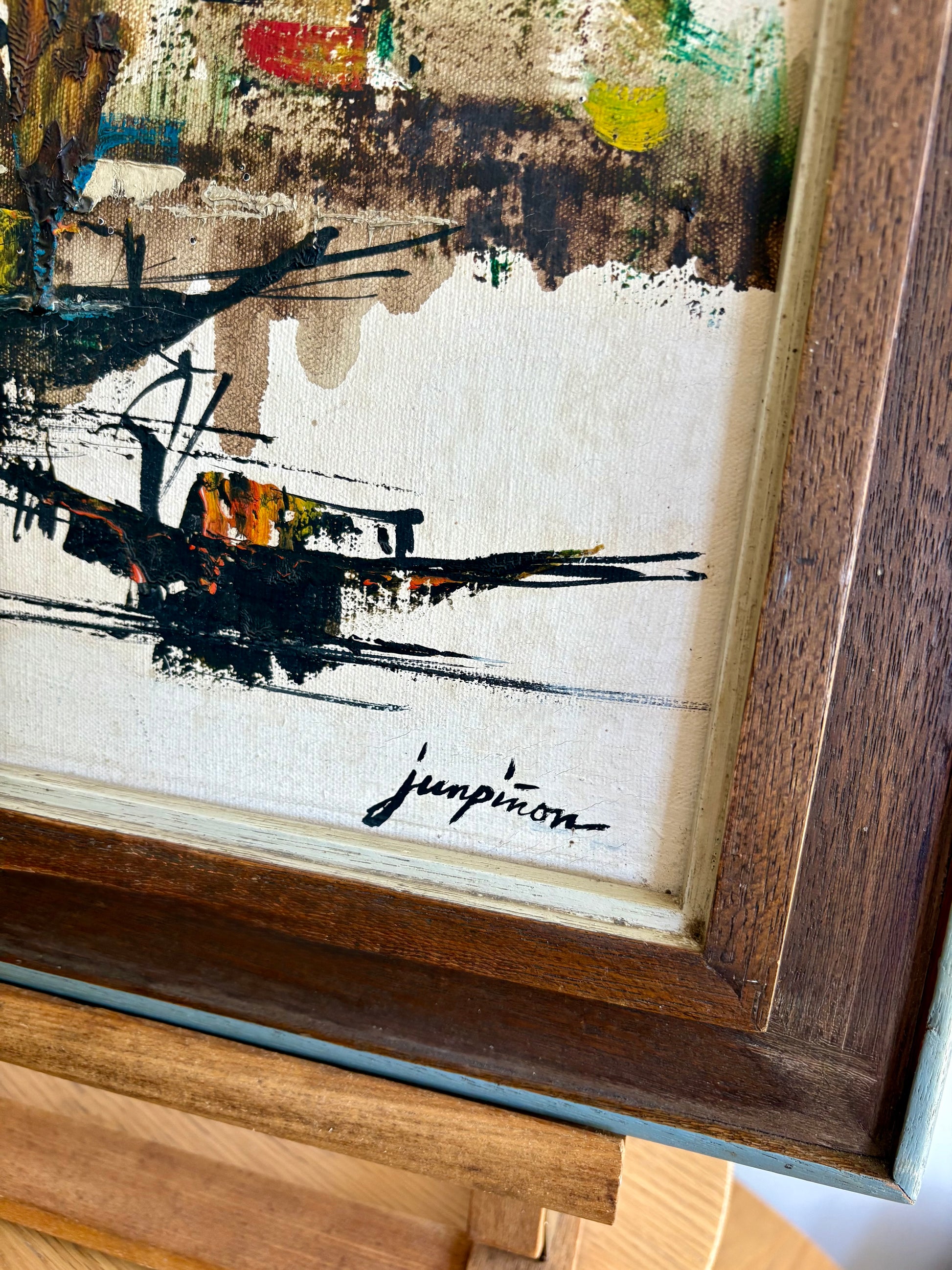 Vintage original painting on canvas, Perfecto Pinon, signed framed artwork, Modernist art