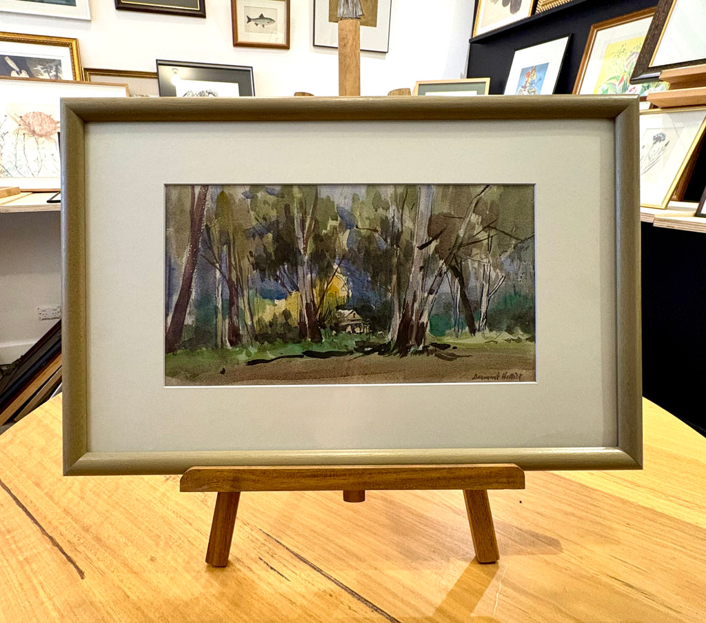 Mid Century original watercolour painting, Dermont Hellier, Australian bush, framed art