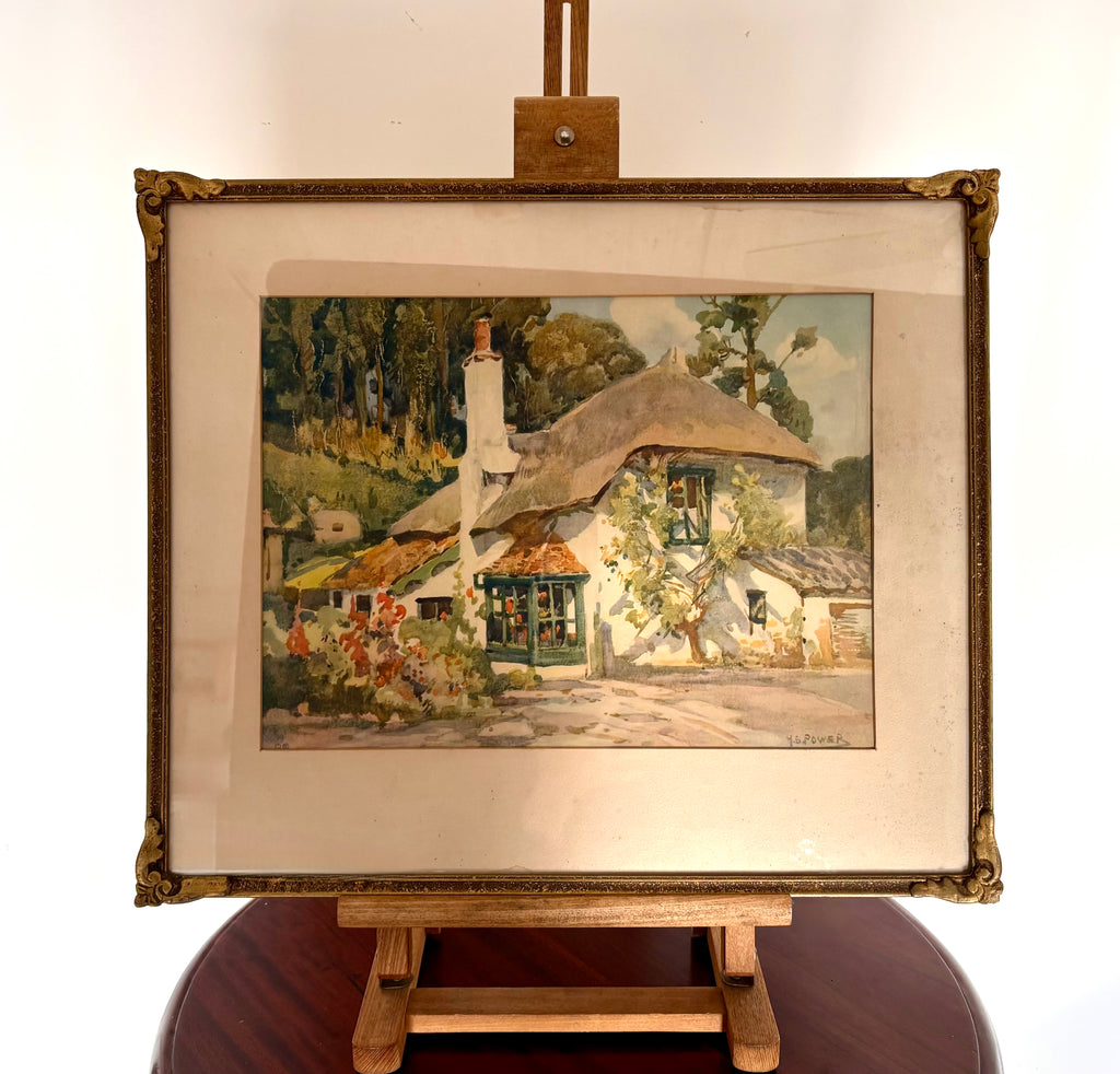 Mid Century print, cottage, Harold Power, gilt frame