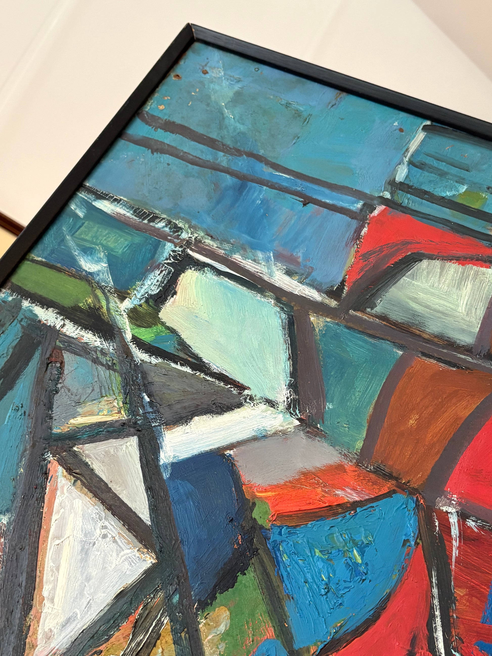 Large Mid Century original abstract Cubist painting on board, framed vintage art