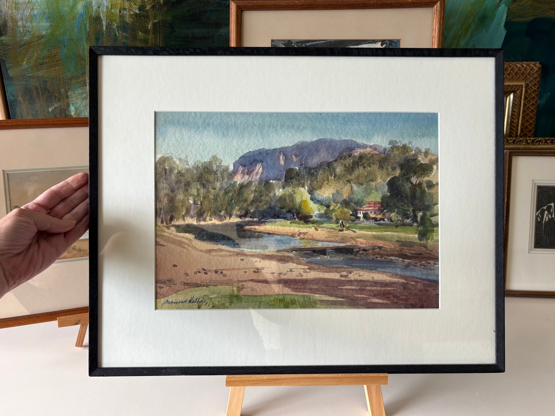 Mid Century original watercolour painting, Dermont Hellier, Australian landscape, framed art