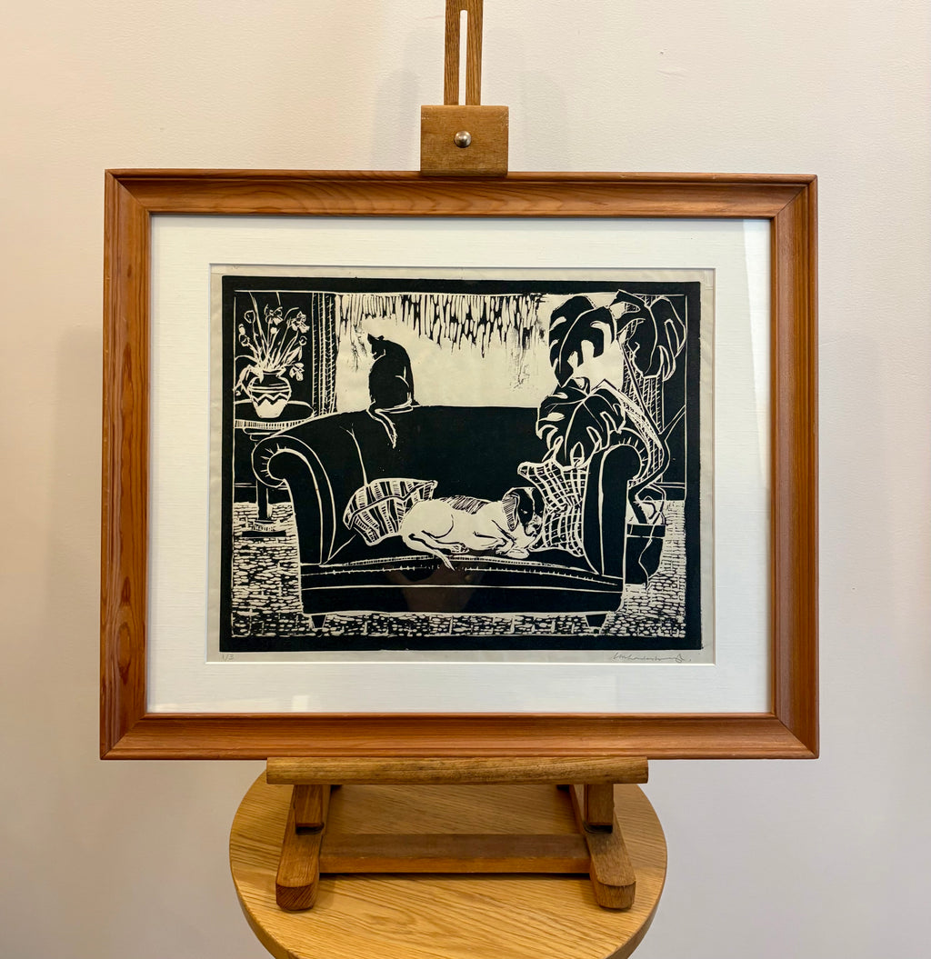 Vintage original lino print, dog, cat, signed framed art