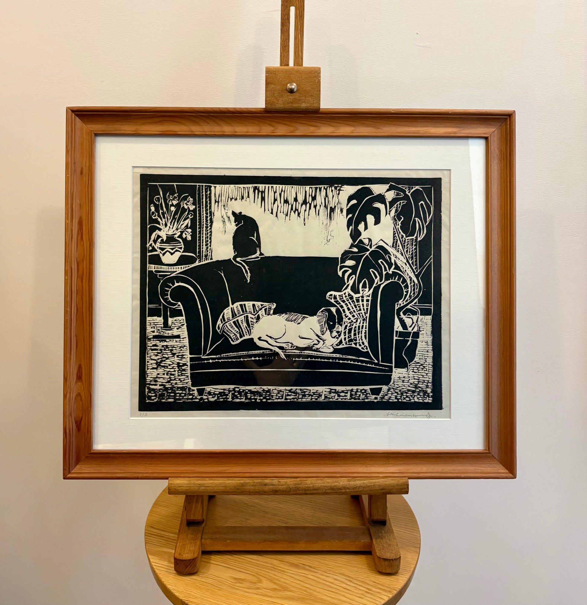 Vintage original lino print, dog, cat, signed framed art