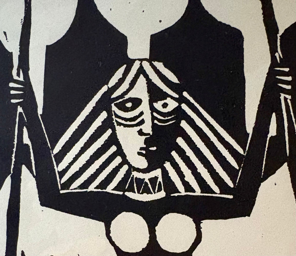 Large 1973 original linocut artwork, Ashit Paul, mythical, vintage framed art