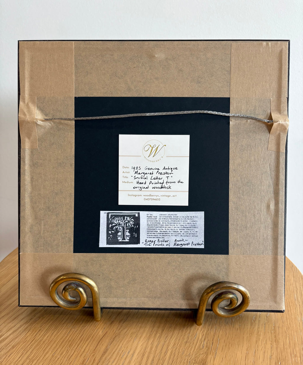 1925 Original Margaret Preston woodblock print, “Letter T”, antique framed art