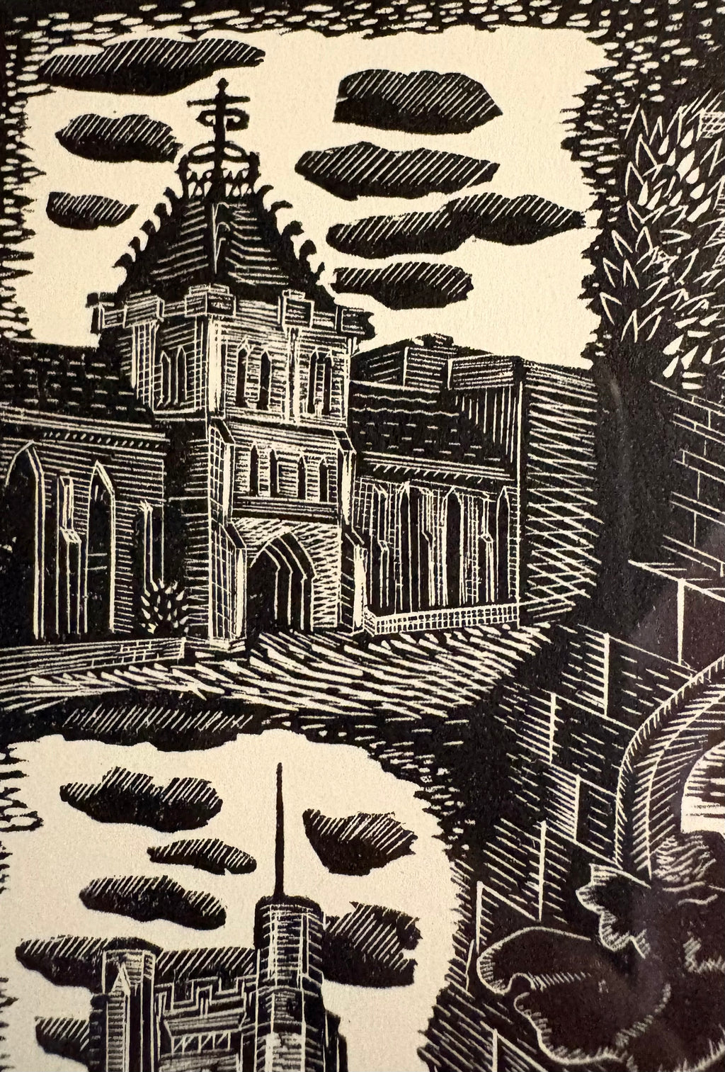 Original Helen Ogilvie woodblock print "Melbourne University", framed art, Architecture, Australian artwork