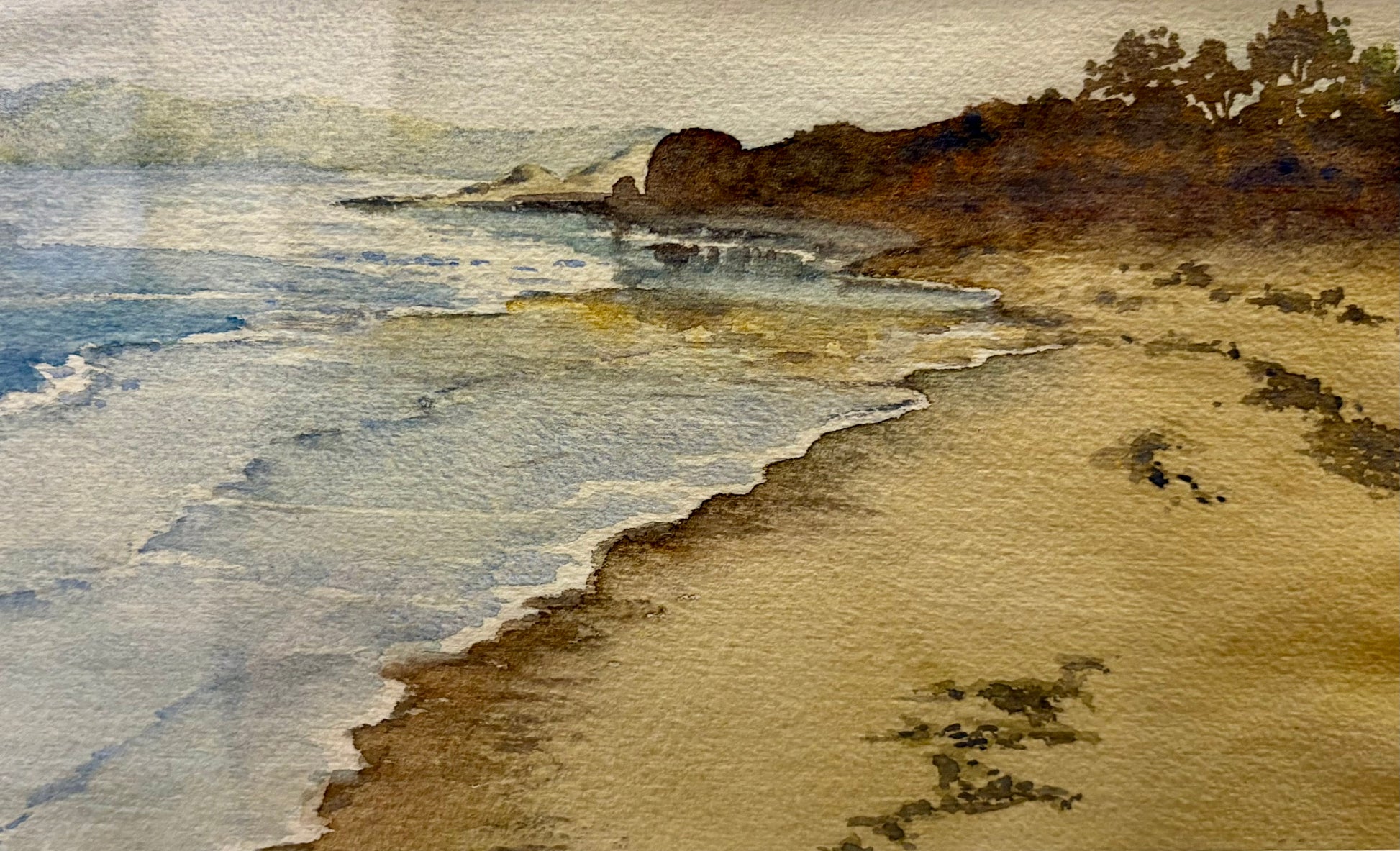 Original watercolour painting, John Flexmore, coastline, vintage framed art