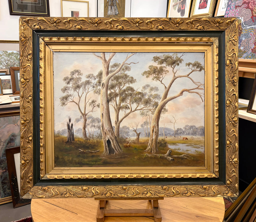 Large antique original oil painting, John Norton, Australian landscape, gilt frame
