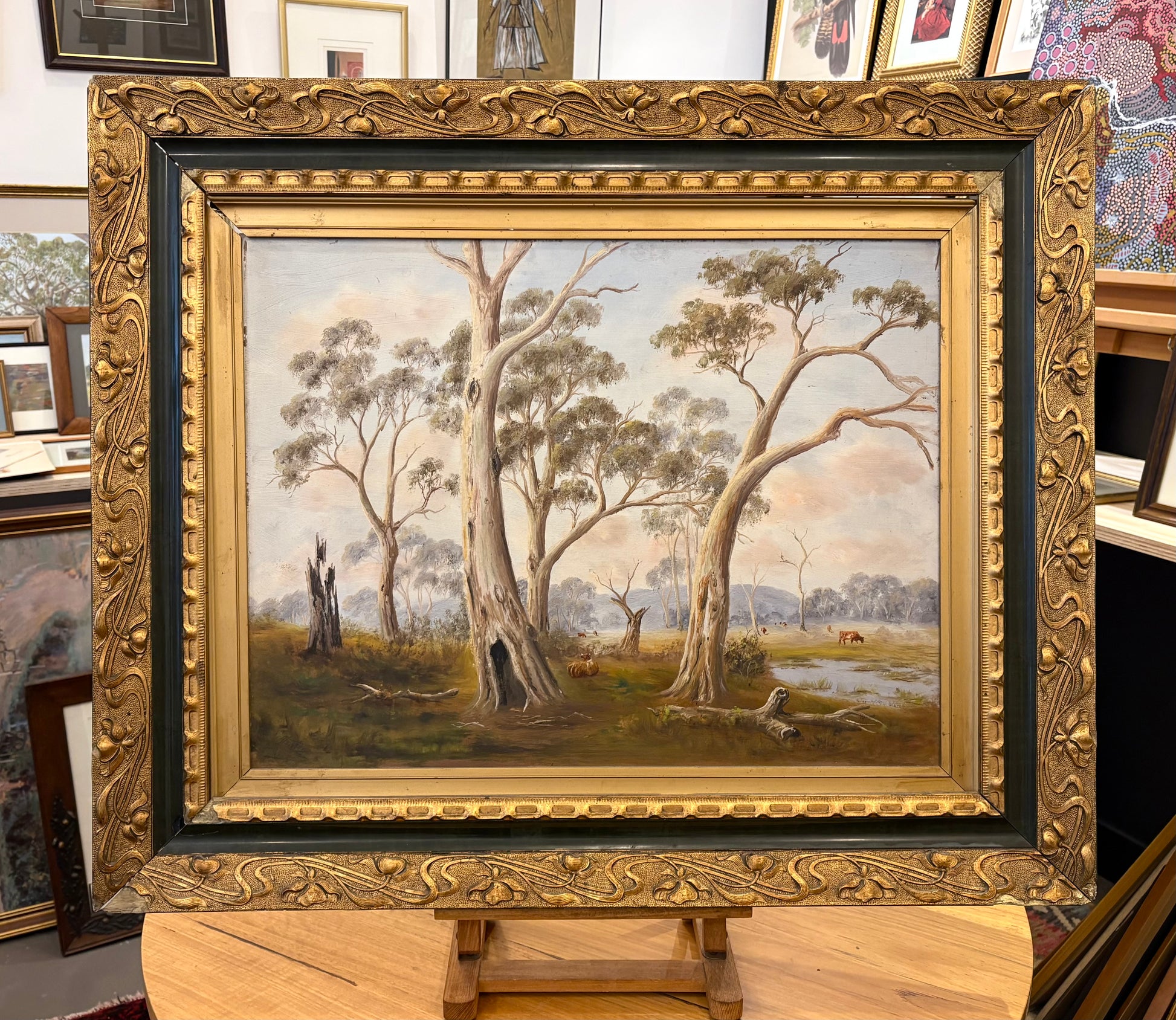 Large antique original oil painting, John Norton, Australian landscape, gilt frame