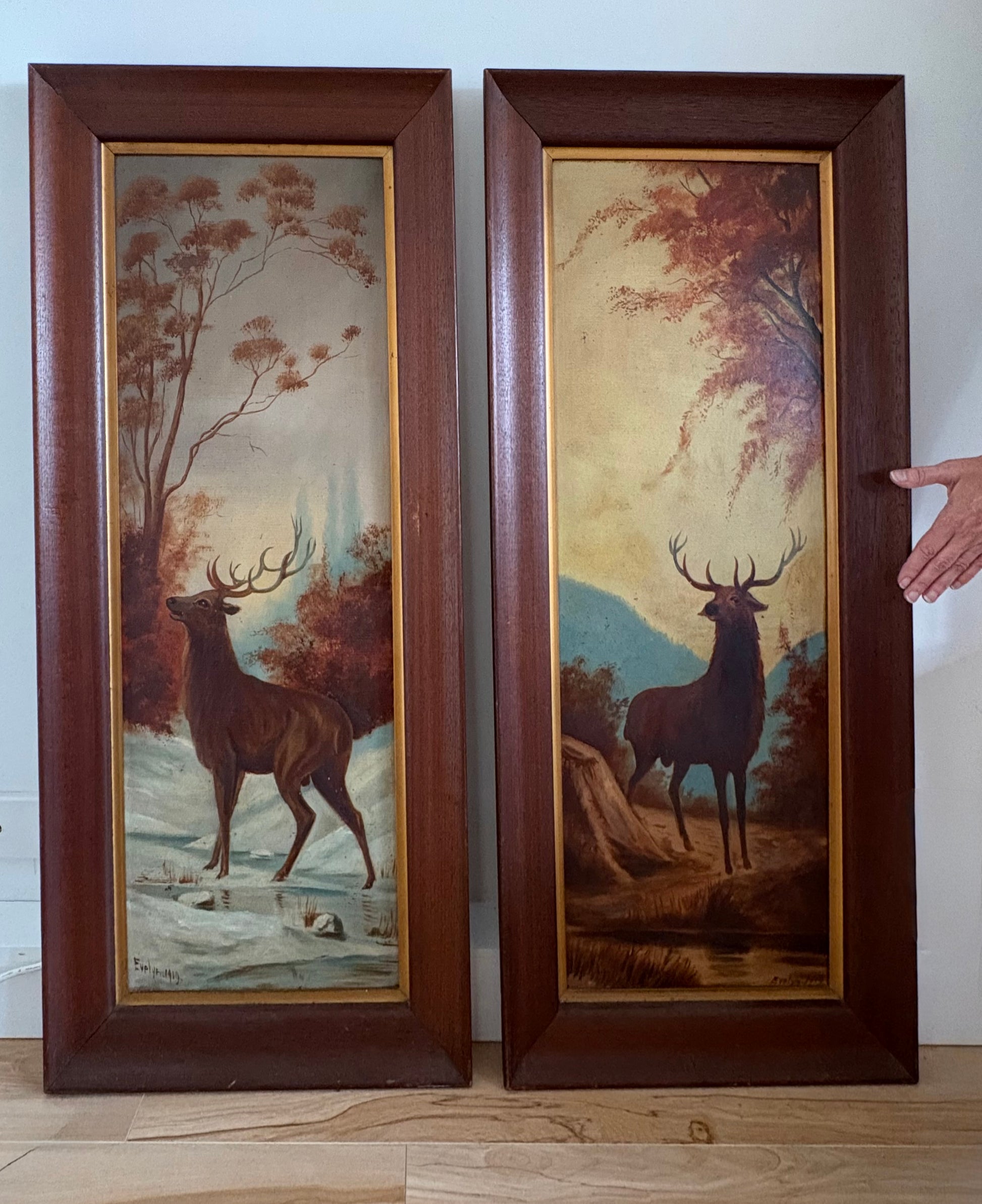 Large pair of original antique 1919 Stag oil paintings, deer, framed art