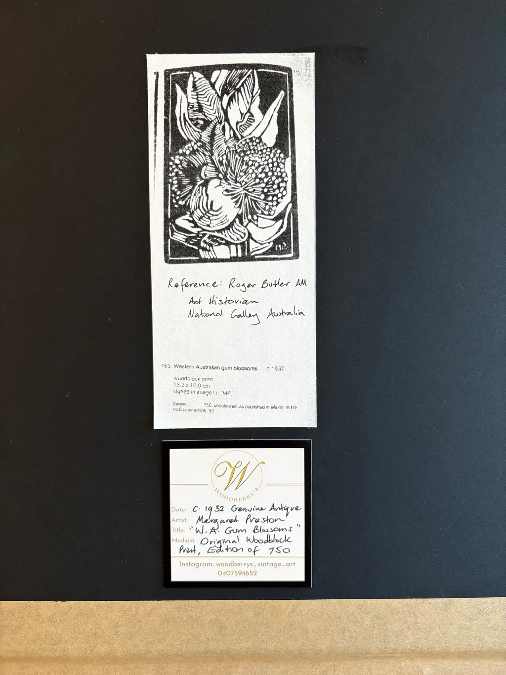 Original 1930s Margaret Preston woodblock print, "W.A. Gum Blossom" rare antique framed art