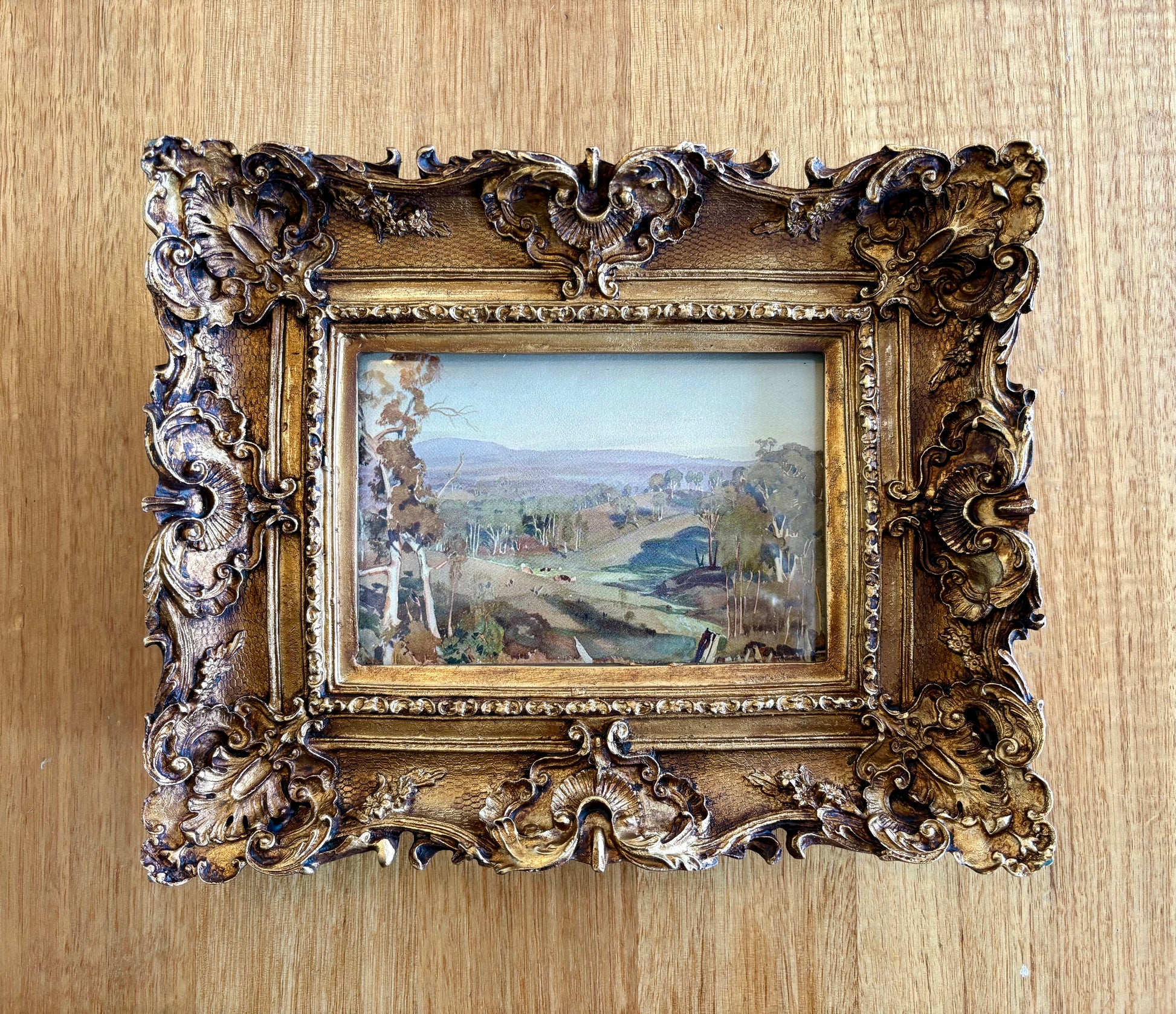 1920 antique print, Hans Heyson, Australian landscape miniature, gilt frame