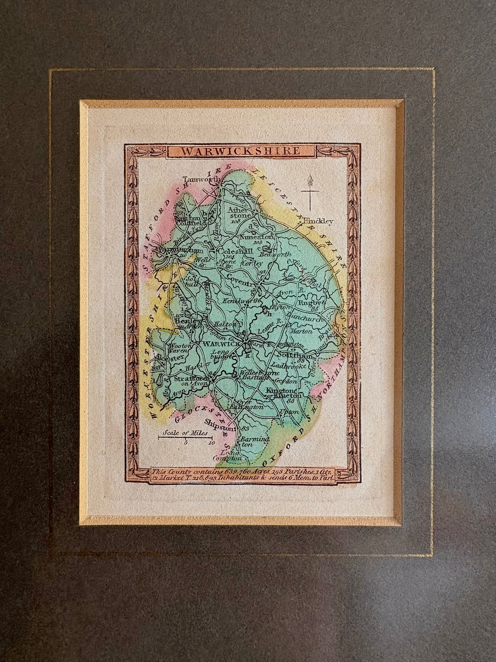 Antique miniature map, Warwickshire, hand coloured engraving, framed