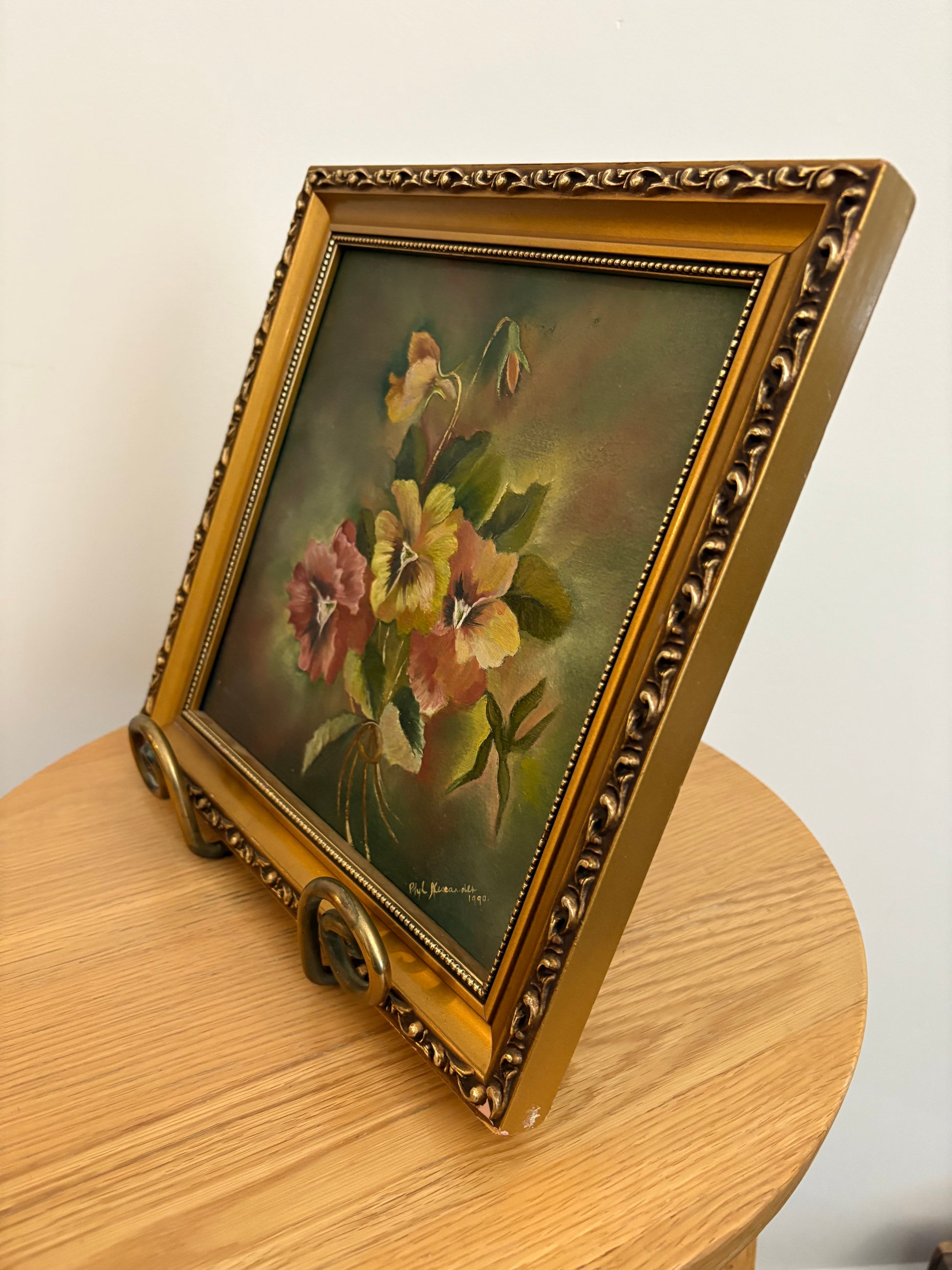 Original oil painting on board, signed, “Pansies”, vintage framed art