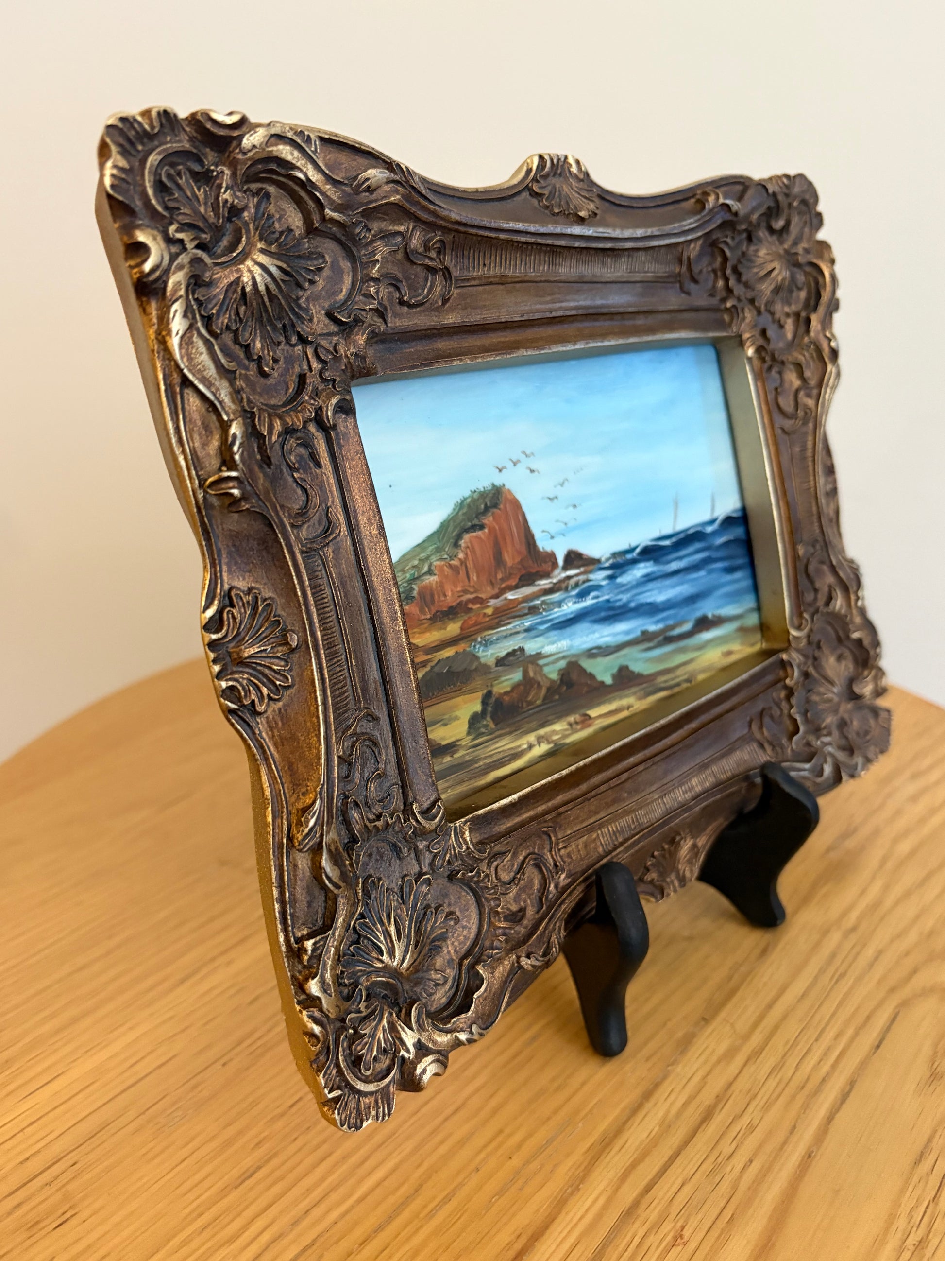 1900s Antique original painting, gilt frame, coastal, yachts