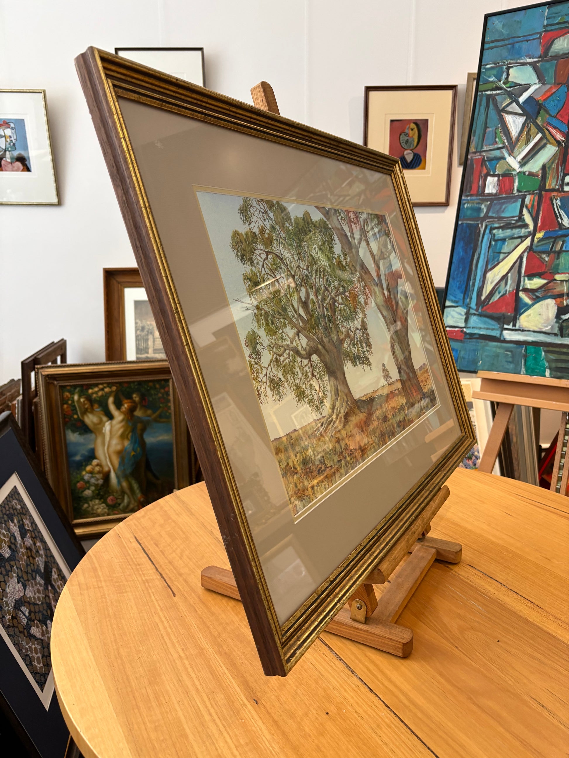 Original Australian watercolour painting, John Flexmore, gum trees, vintage framed art