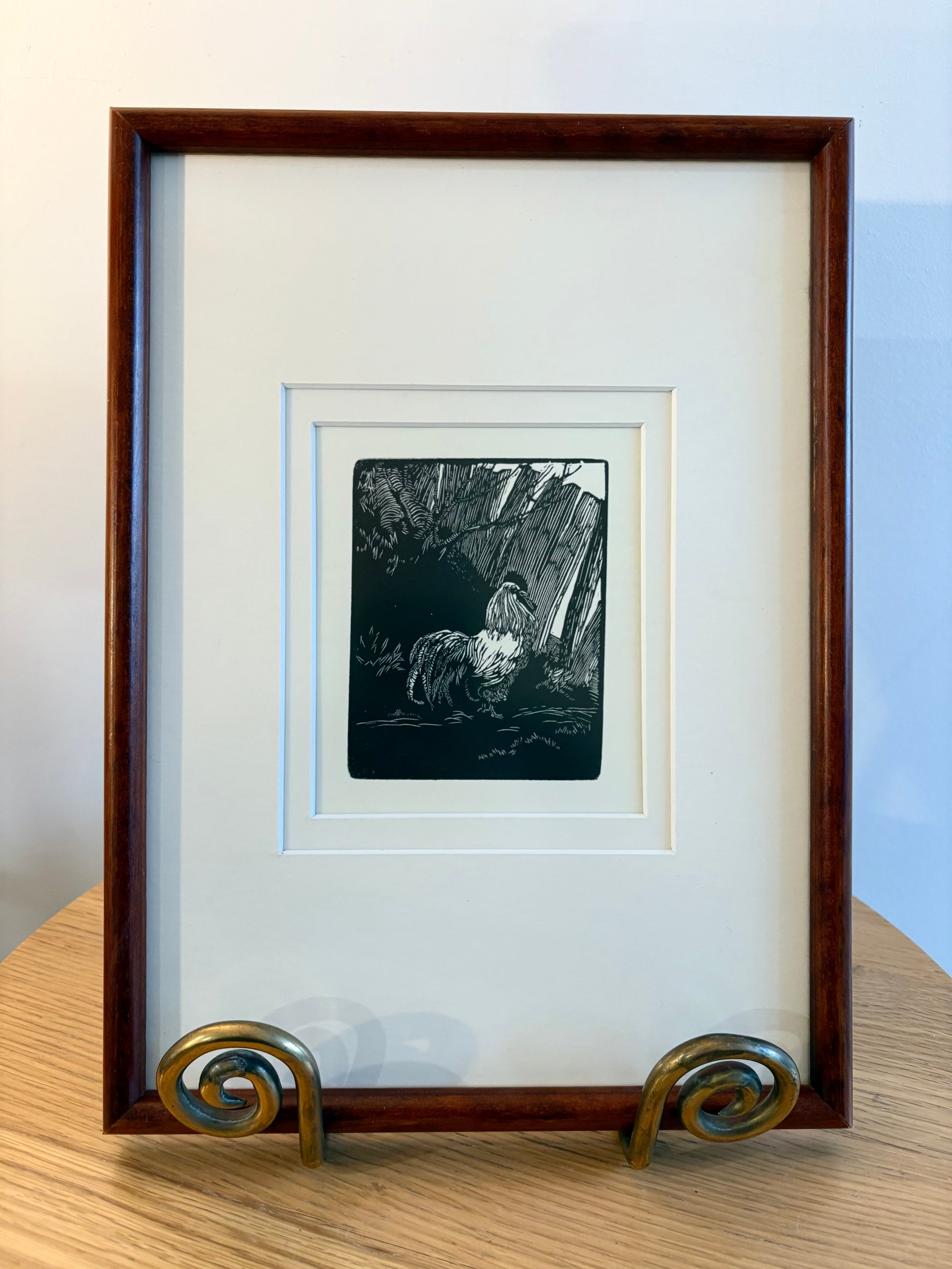 Original Helen Ogilvie woodblock print "The White Rooster", framed art, farmyard birds, Australian artwork