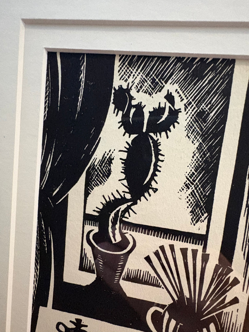 1924 print, woodblock, cactus, Edward Wadsworth, “Still Life”, framed vintage antique art