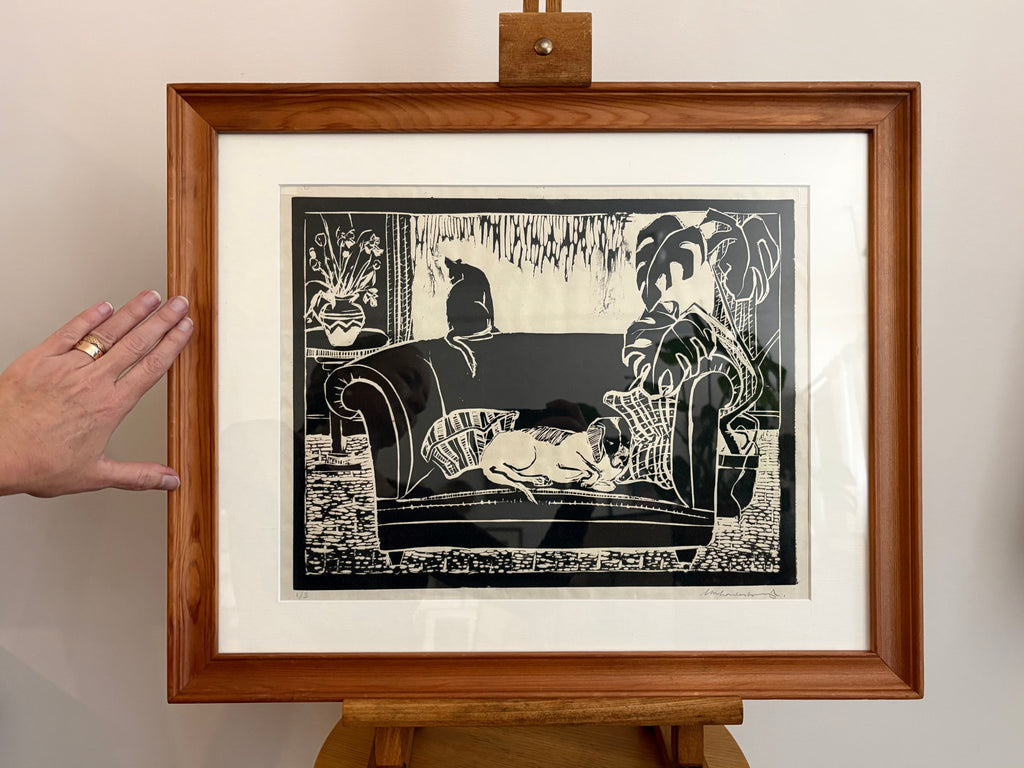 Vintage original lino print, dog, cat, signed framed art