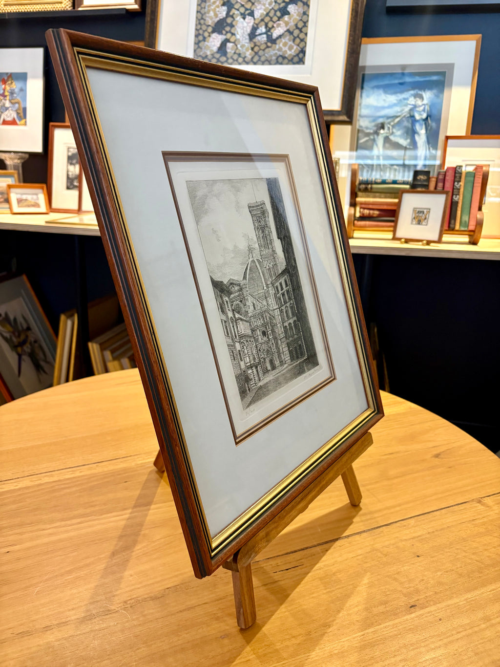 Signed original etching, Florence, framed vintage art