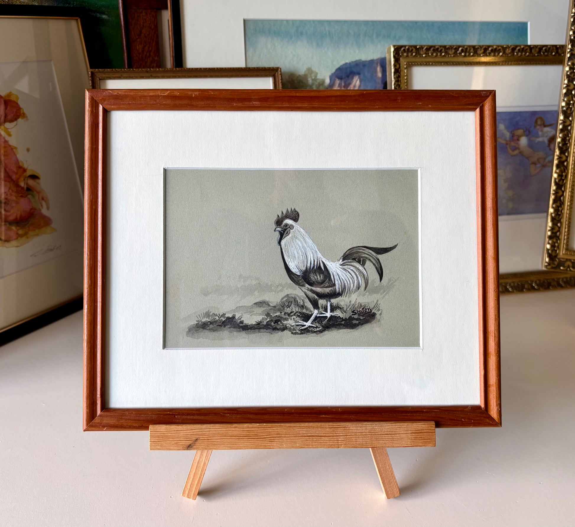 1940 original painting, Rooster, framed vintage art