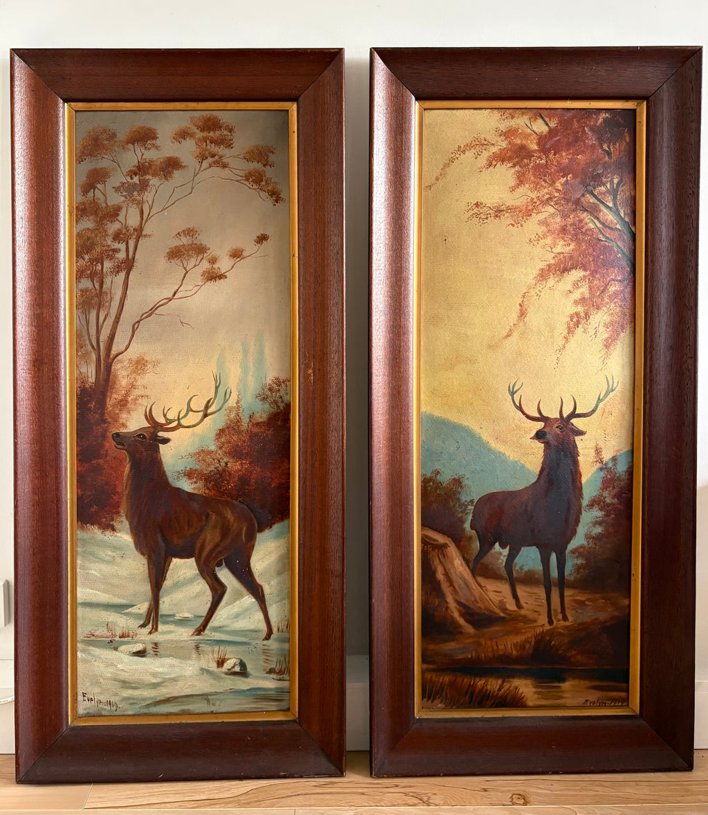 Large pair of original antique 1919 Stag oil paintings, deer, framed art