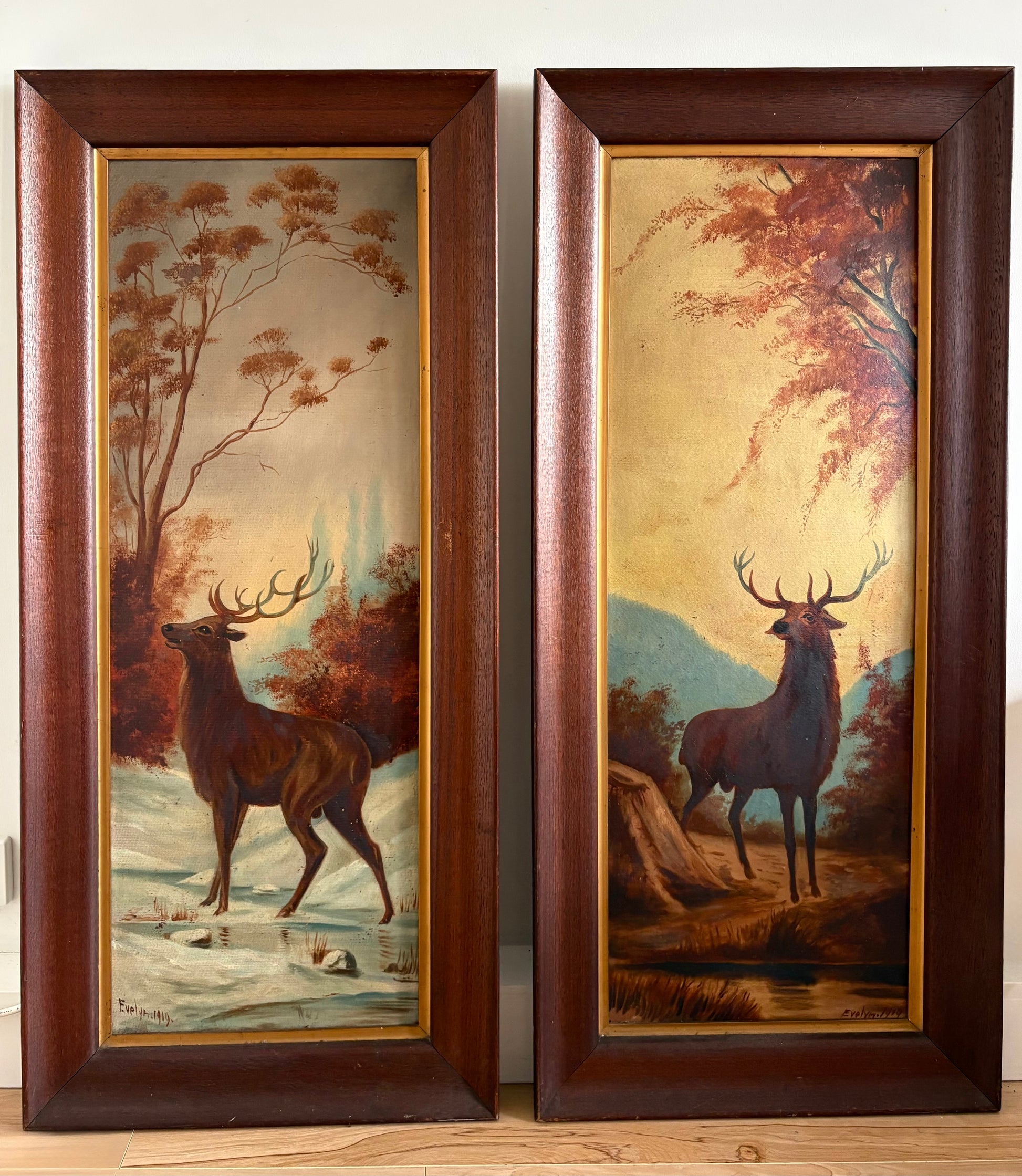 Large pair of original antique 1919 Stag oil paintings, deer, framed art