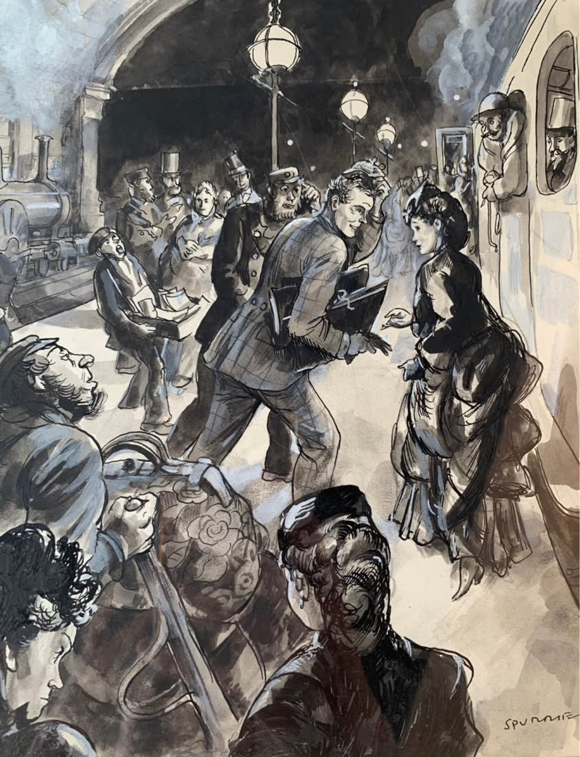 Original Steven Spurrier black and white illustration, circa 1940's artwork, London train station, vintage framed art