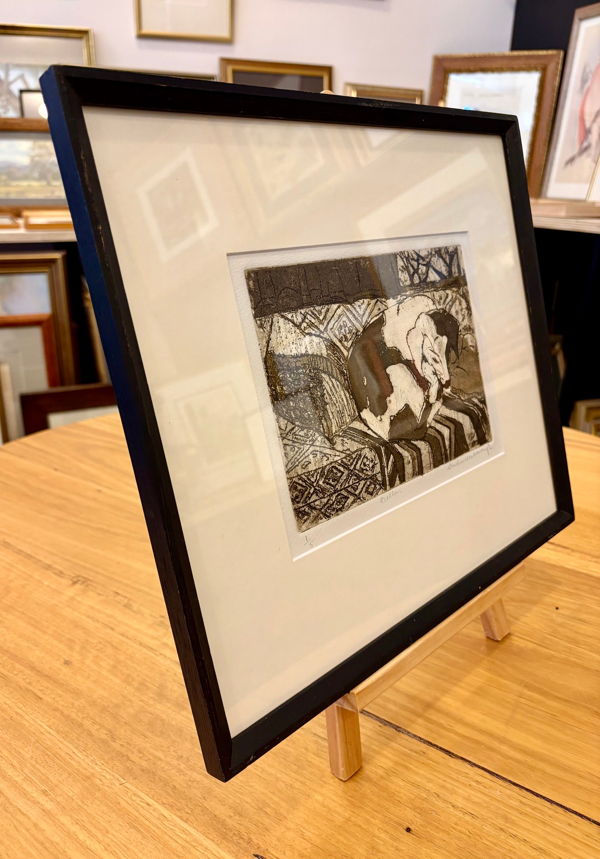 Vintage original dry point etching, dog, signed framed art