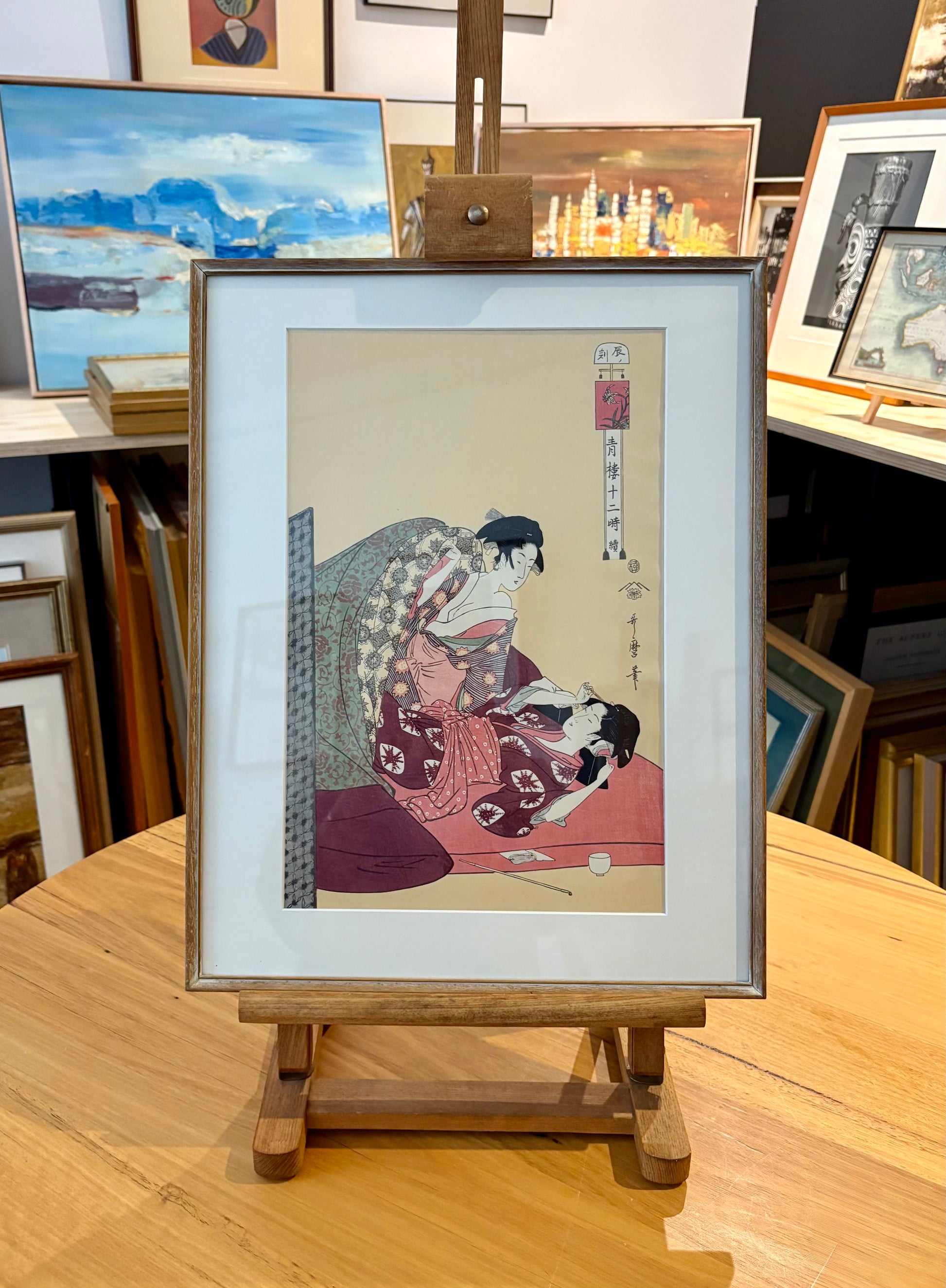 Original woodblock print, reproduction after Utamaro, framed Japanese vintage art