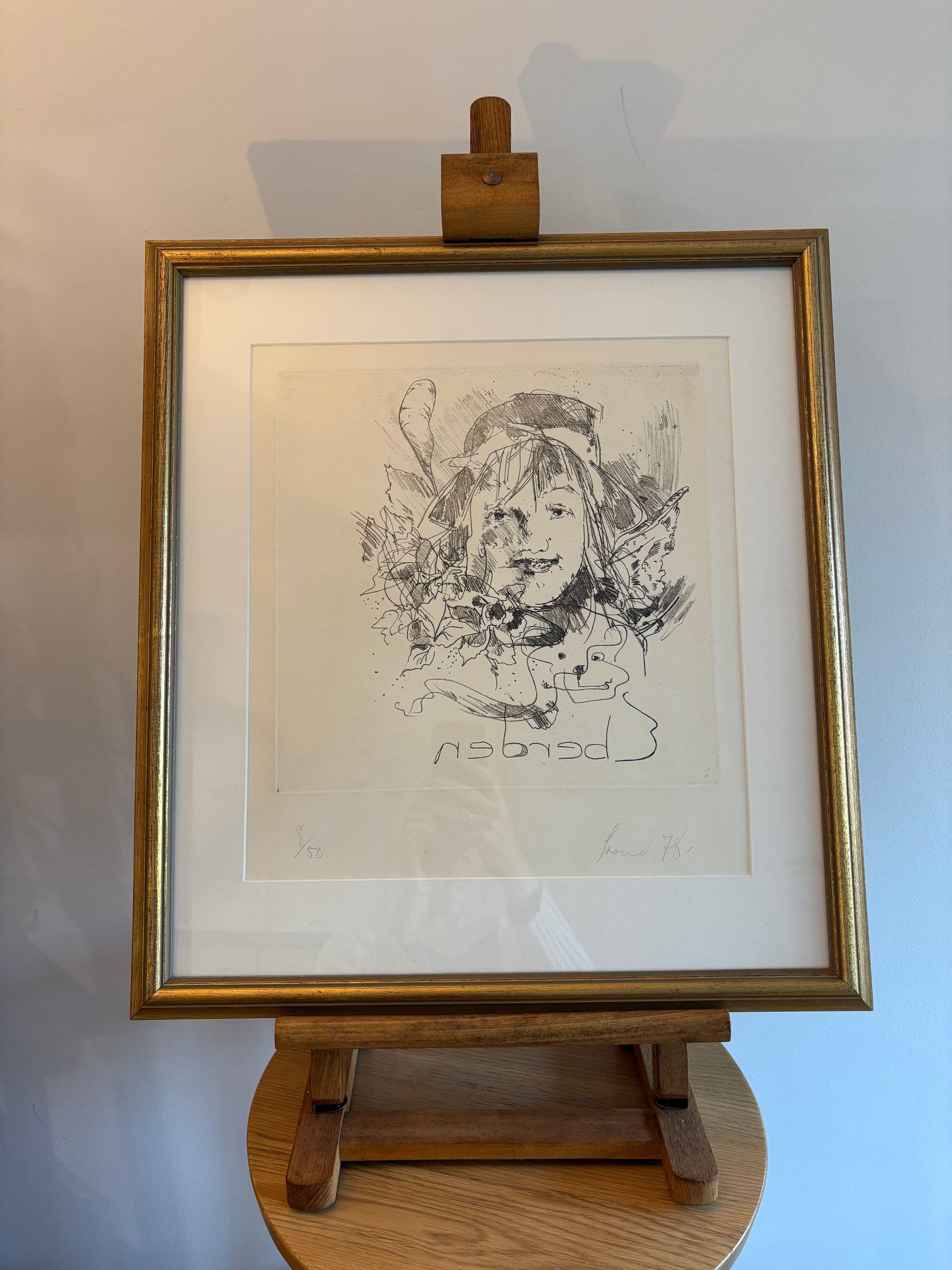 Original Geoffrey Proud intaglio etching, signed, portrait, framed vintage art 1978