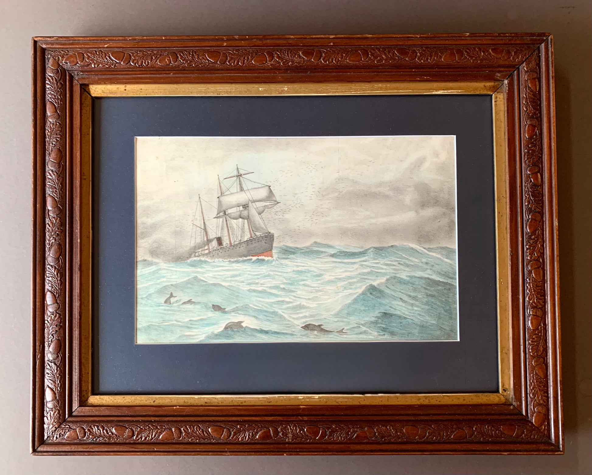 1900s Original watercolour painting, ship, antique framed art