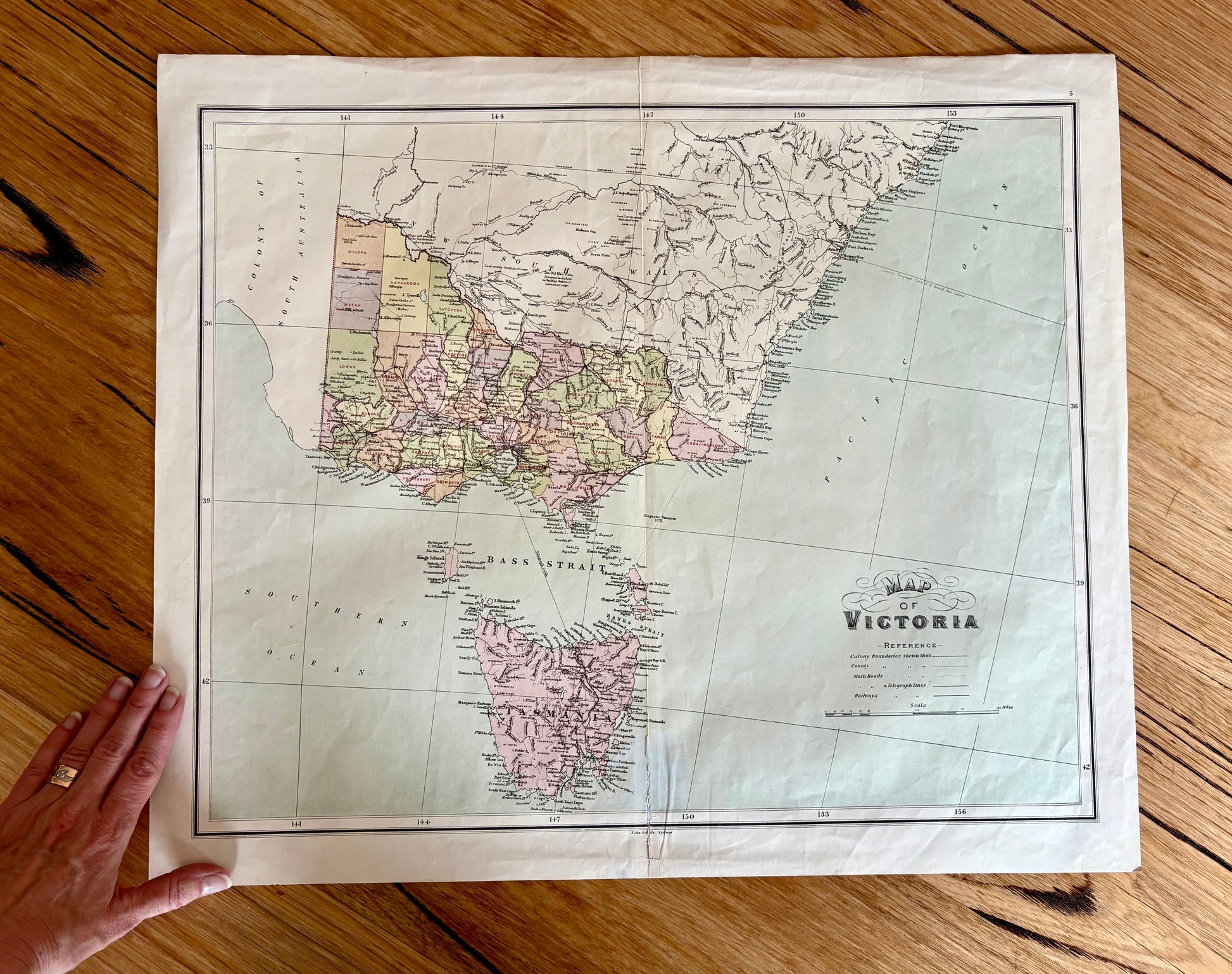 1886 genuine antique large map of Victoria and Tasmania