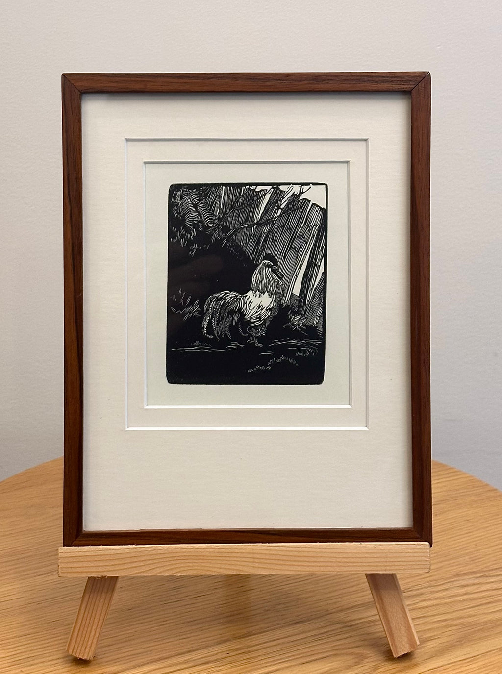 Original Helen Ogilvie woodblock print "The White Rooster", framed art, farmyard birds, Australian artwork