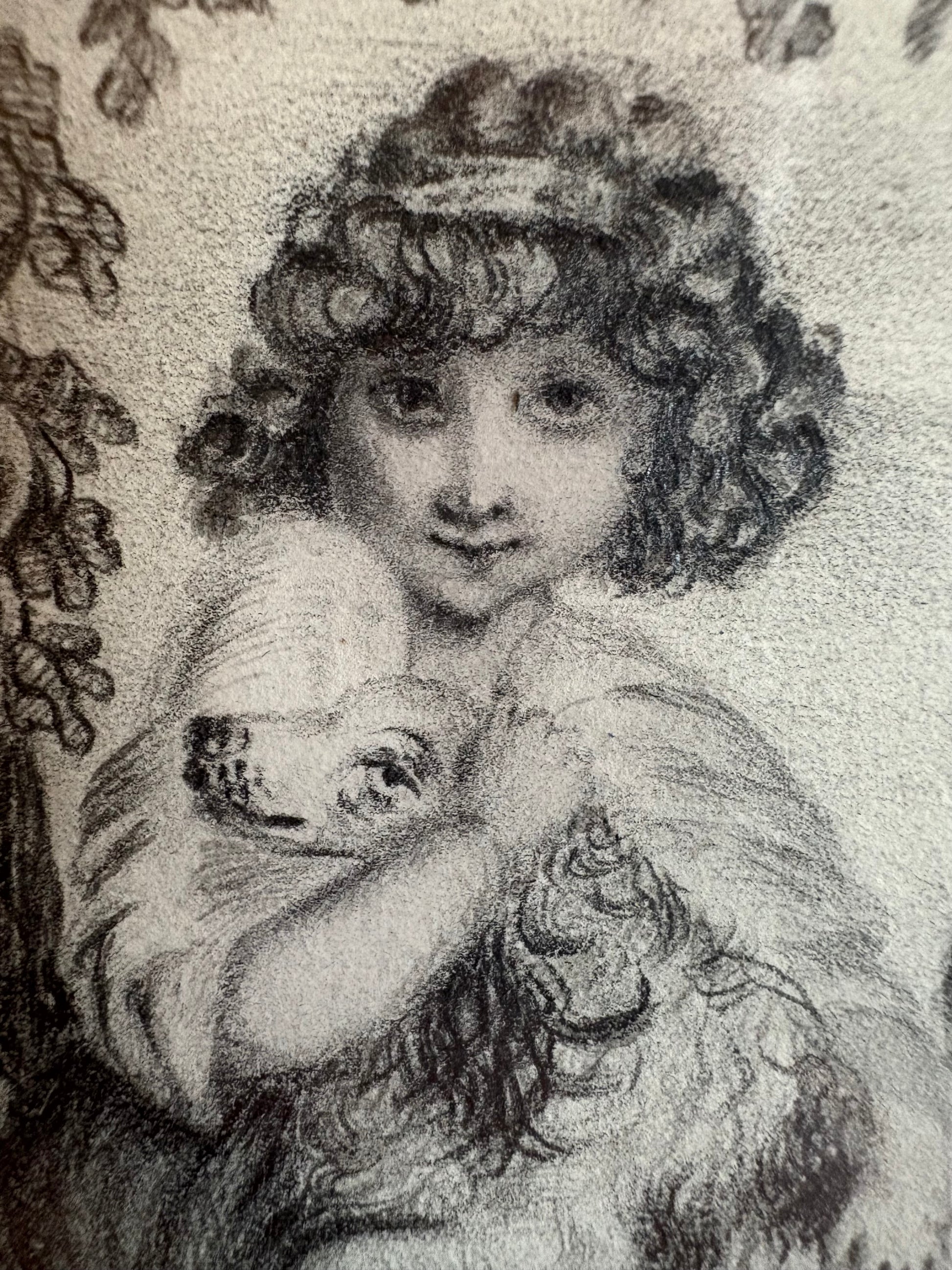 1830's Georgian original pencil drawing painting, Mary-Anne Glasscott, girl with dog