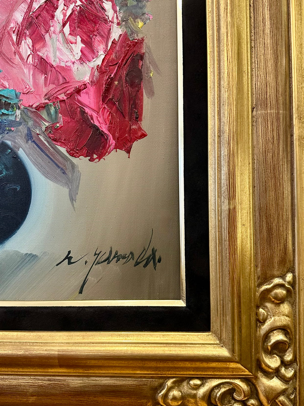 Large vintage original still life floral painting, gilt framed artwork