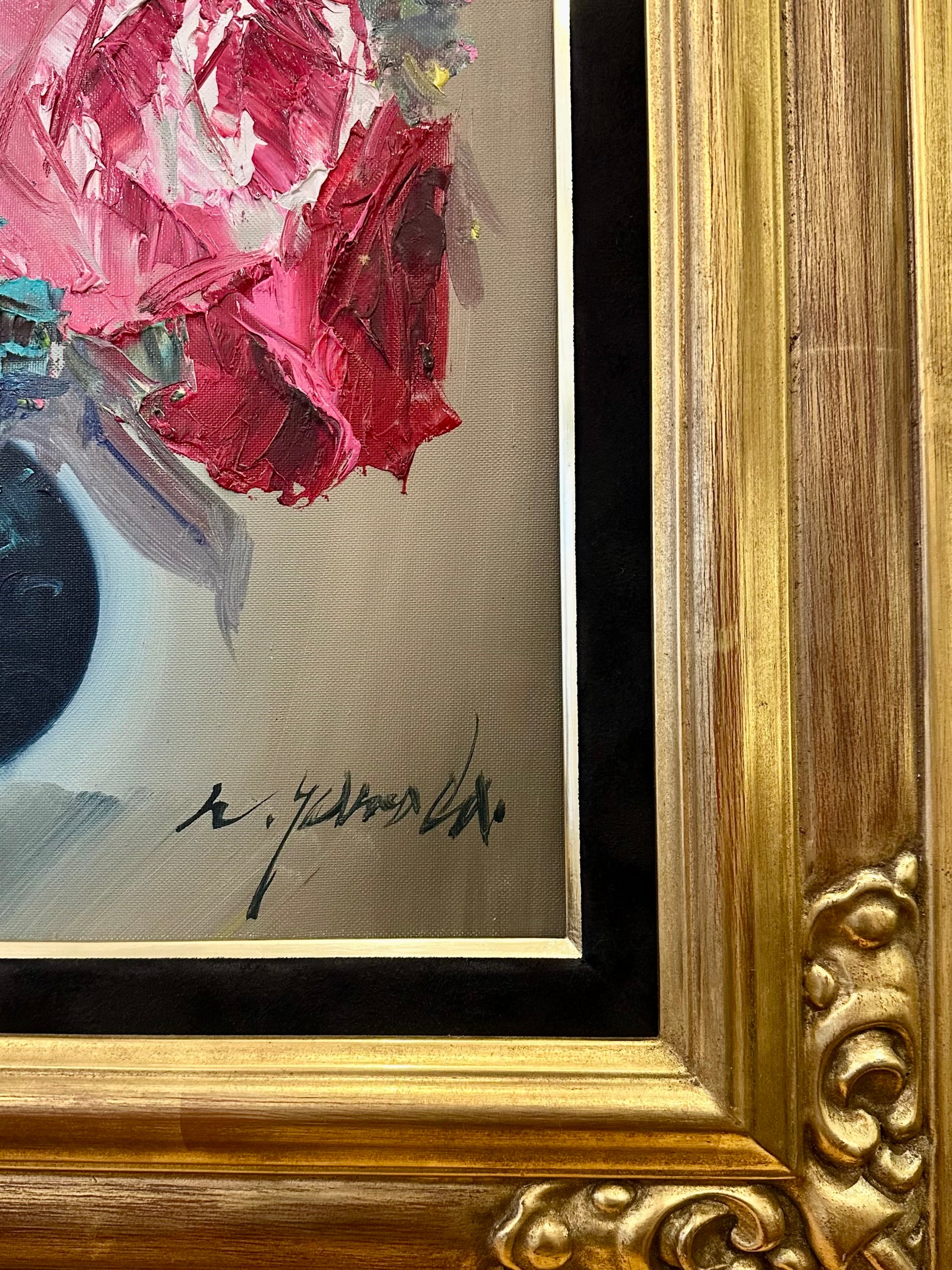 Large vintage original still life floral painting, gilt framed artwork