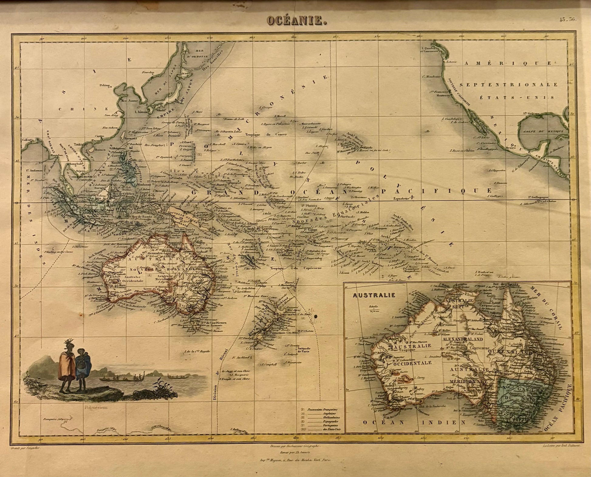 1878 antique map of Australia and surrounds, engraved, hand coloured, French, vintage framed