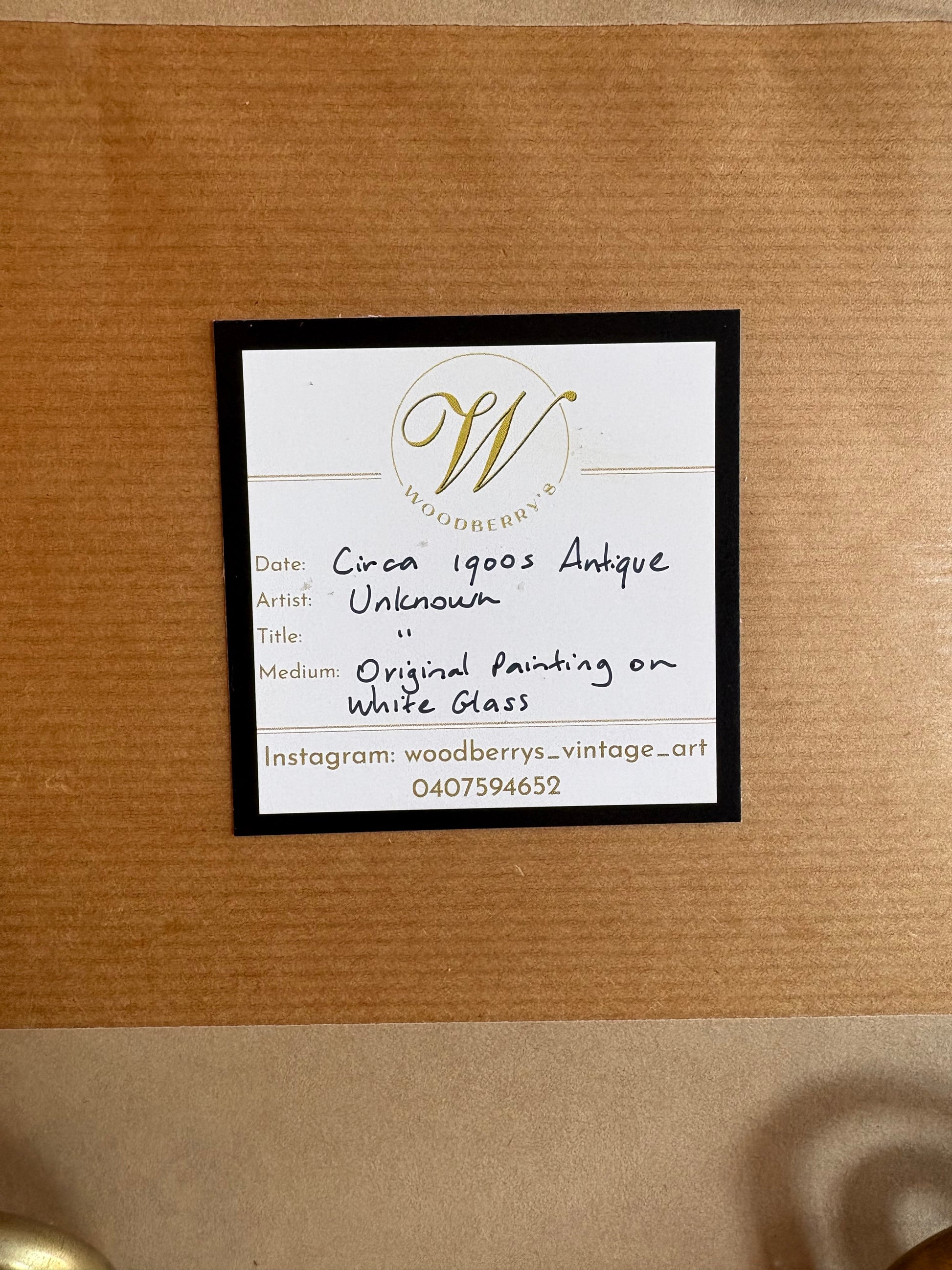 Antique original painting on white glass, coastal landscape scene, tall ship, framed vintage art