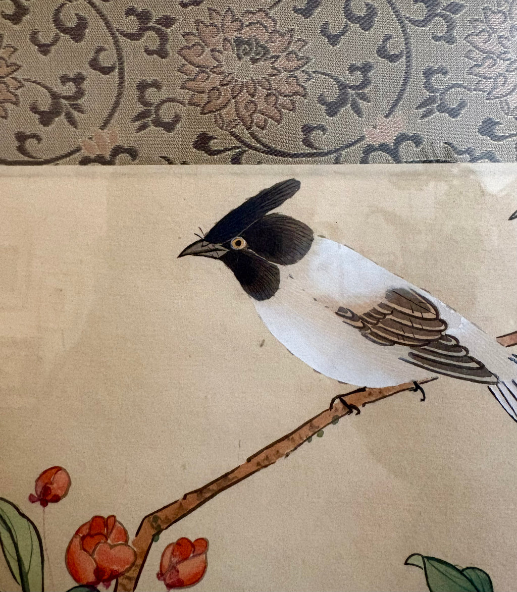 Vintage original Asian painting on silk, bird, flowers, framed art