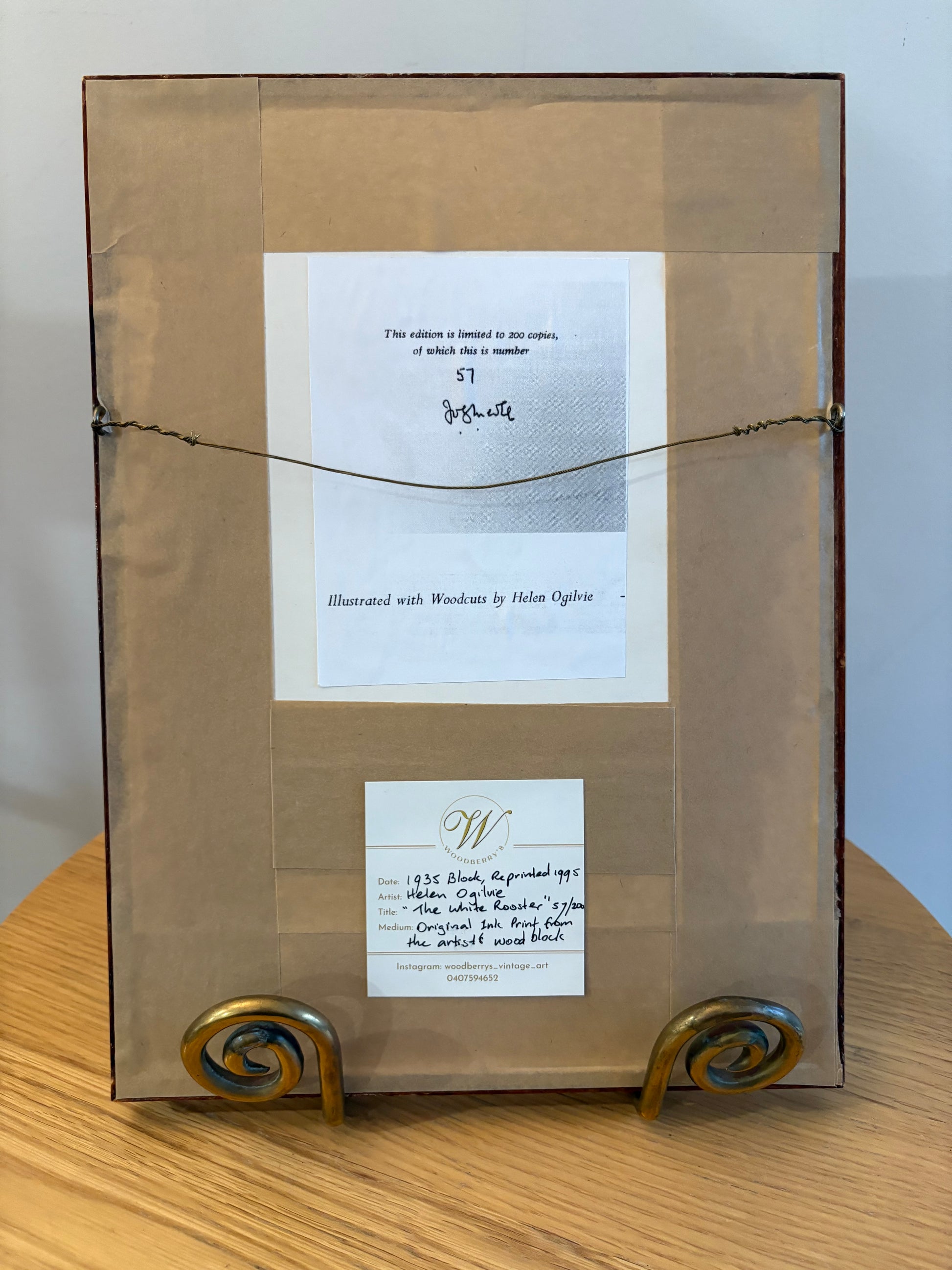 Original Helen Ogilvie woodblock print "The White Rooster", framed art, farmyard birds, Australian artwork