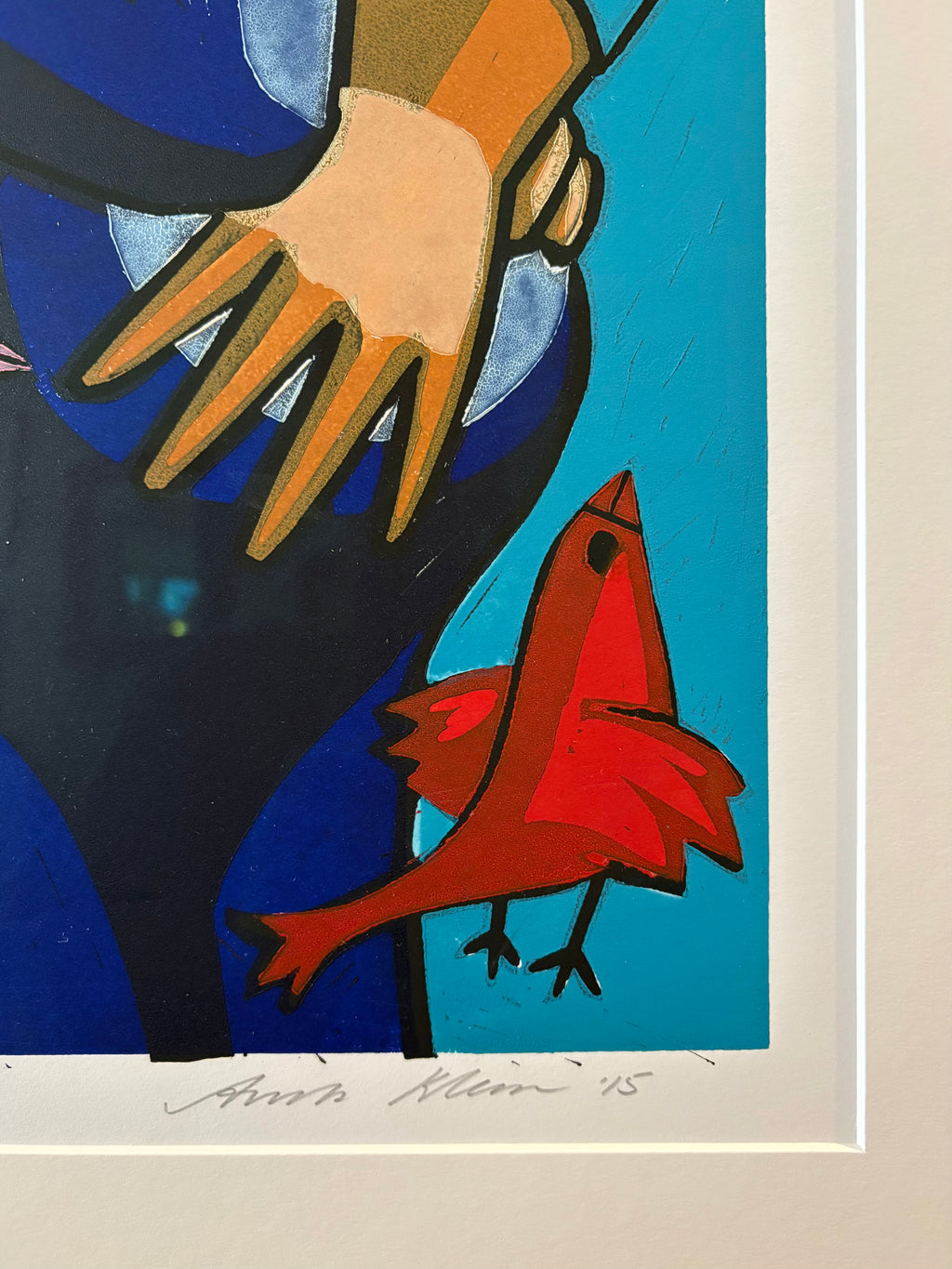 Large original linocut print, Anita Klein, The Birds and the Grandchild, framed art