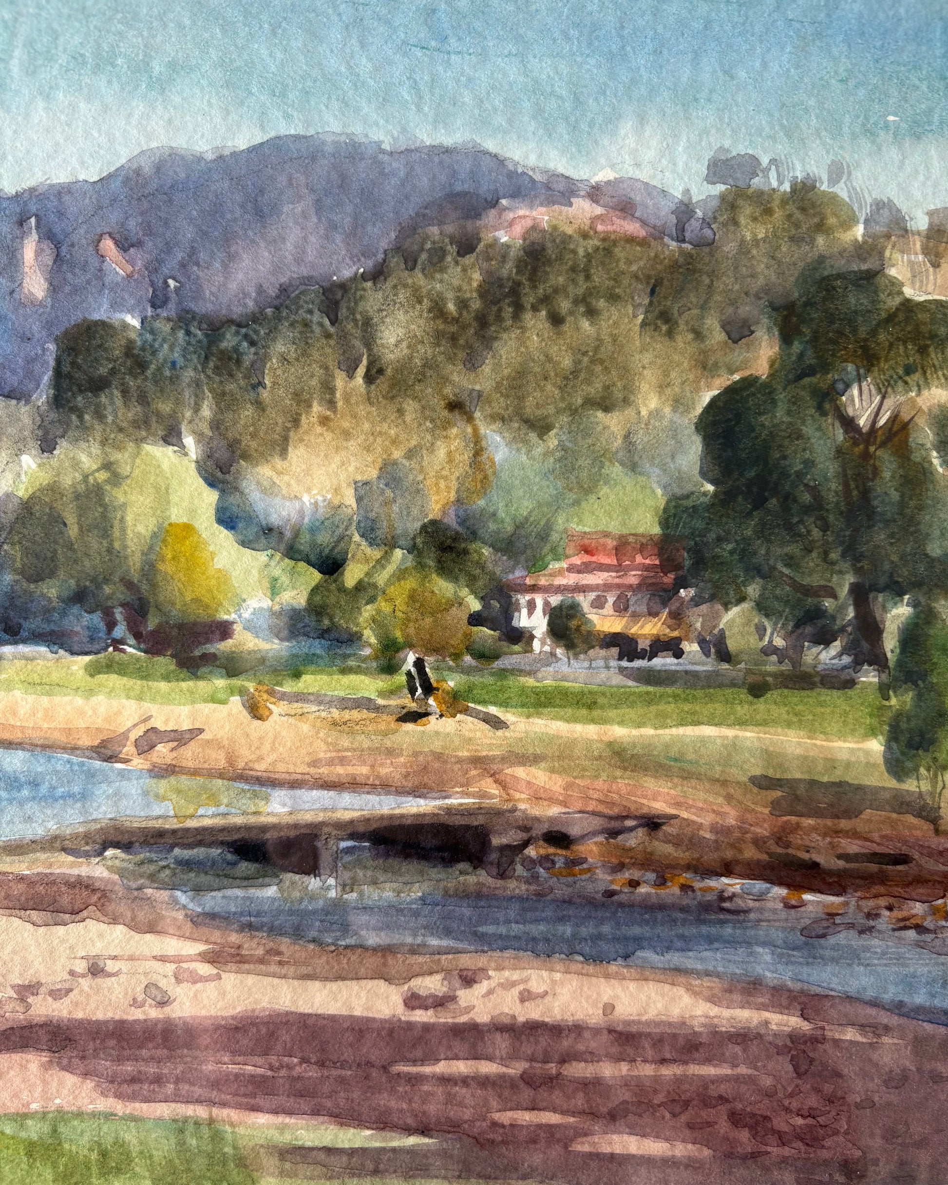 Mid Century original watercolour painting, Dermont Hellier, Australian landscape, framed art