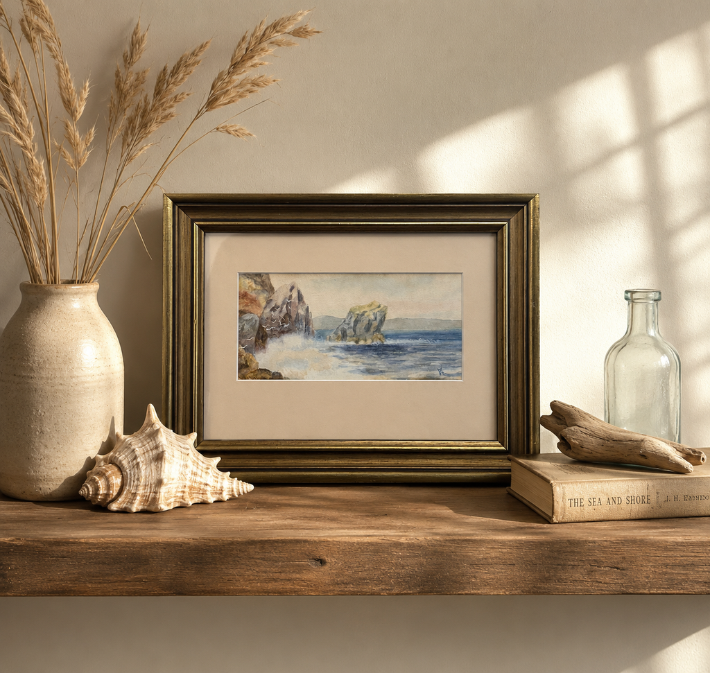 Antique original watercolour painting, Lion Rock, framed artwork