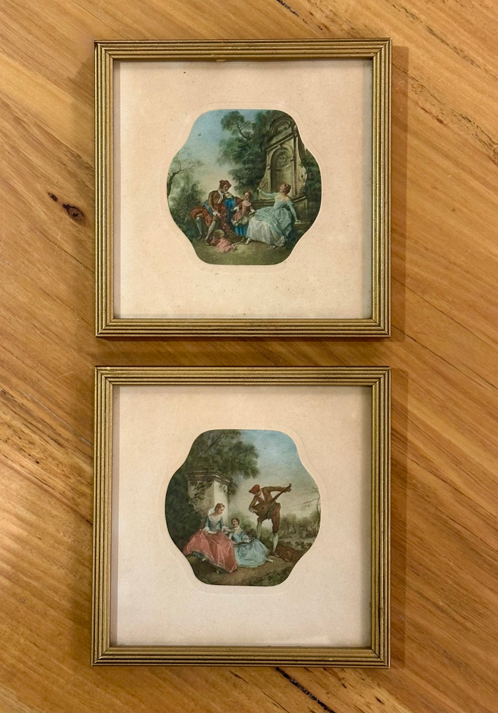 Pair of French mid century prints, Baroque, miniatures, vintage framed art